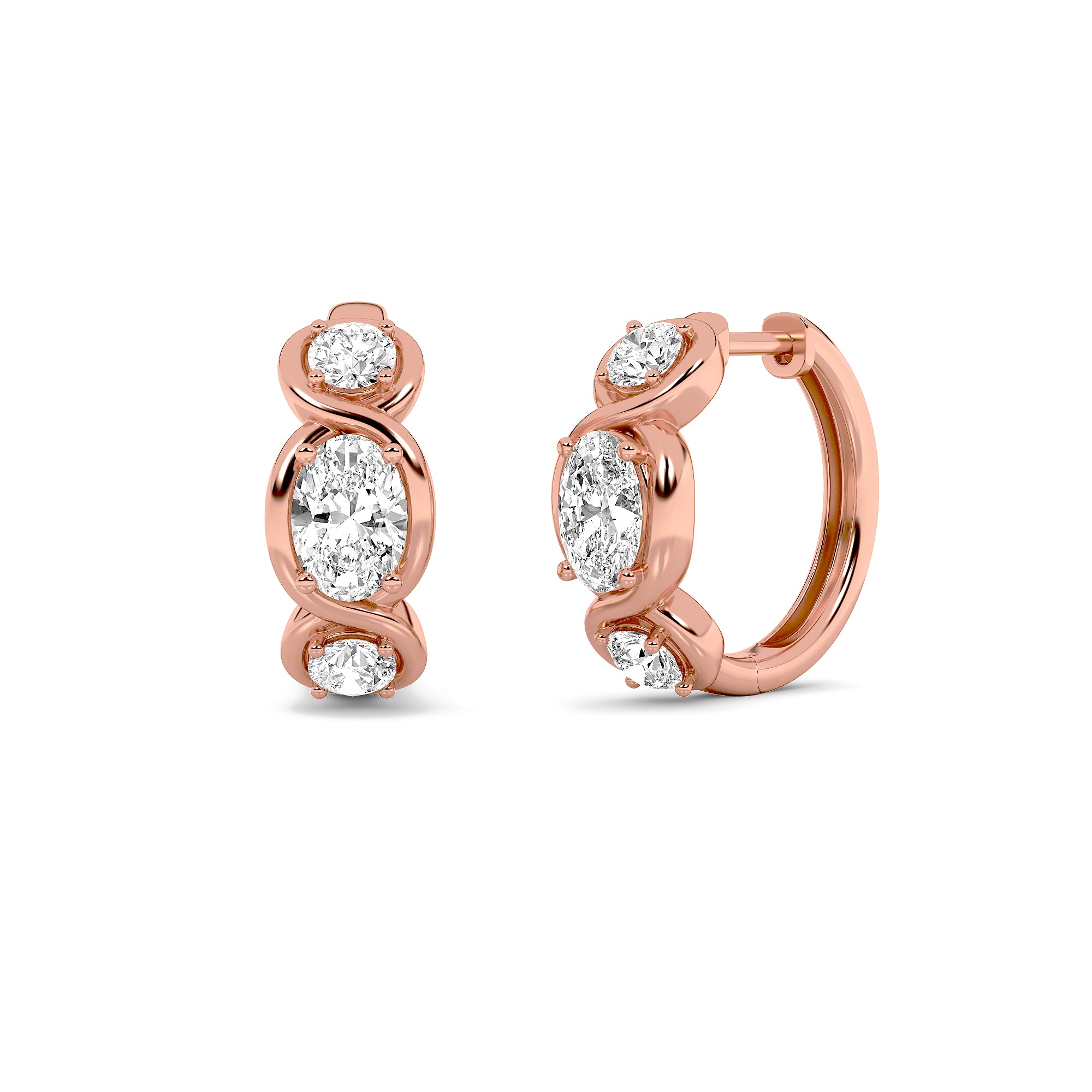 2.5CTW Oval Shaped Lab Grown Diamond (F/VVS) Three Stone Huggie Earrings in 14K Gold