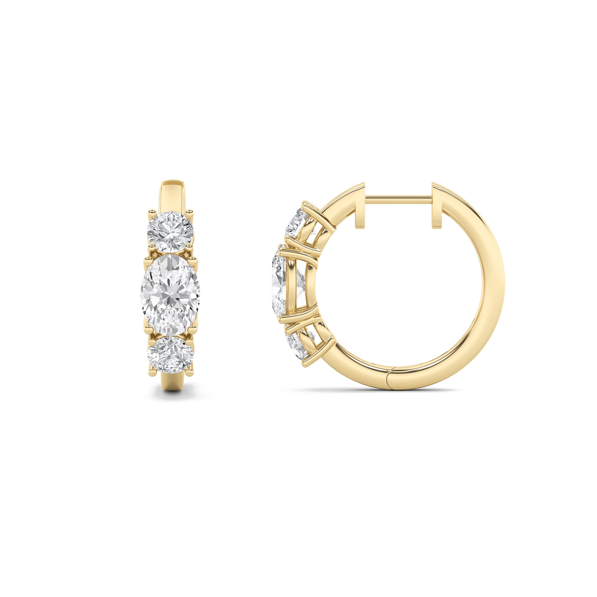 2.5CTW Oval Shaped Lab Grown Diamond (F/VS) Three Stone Huggie Earrings in 14K Gold