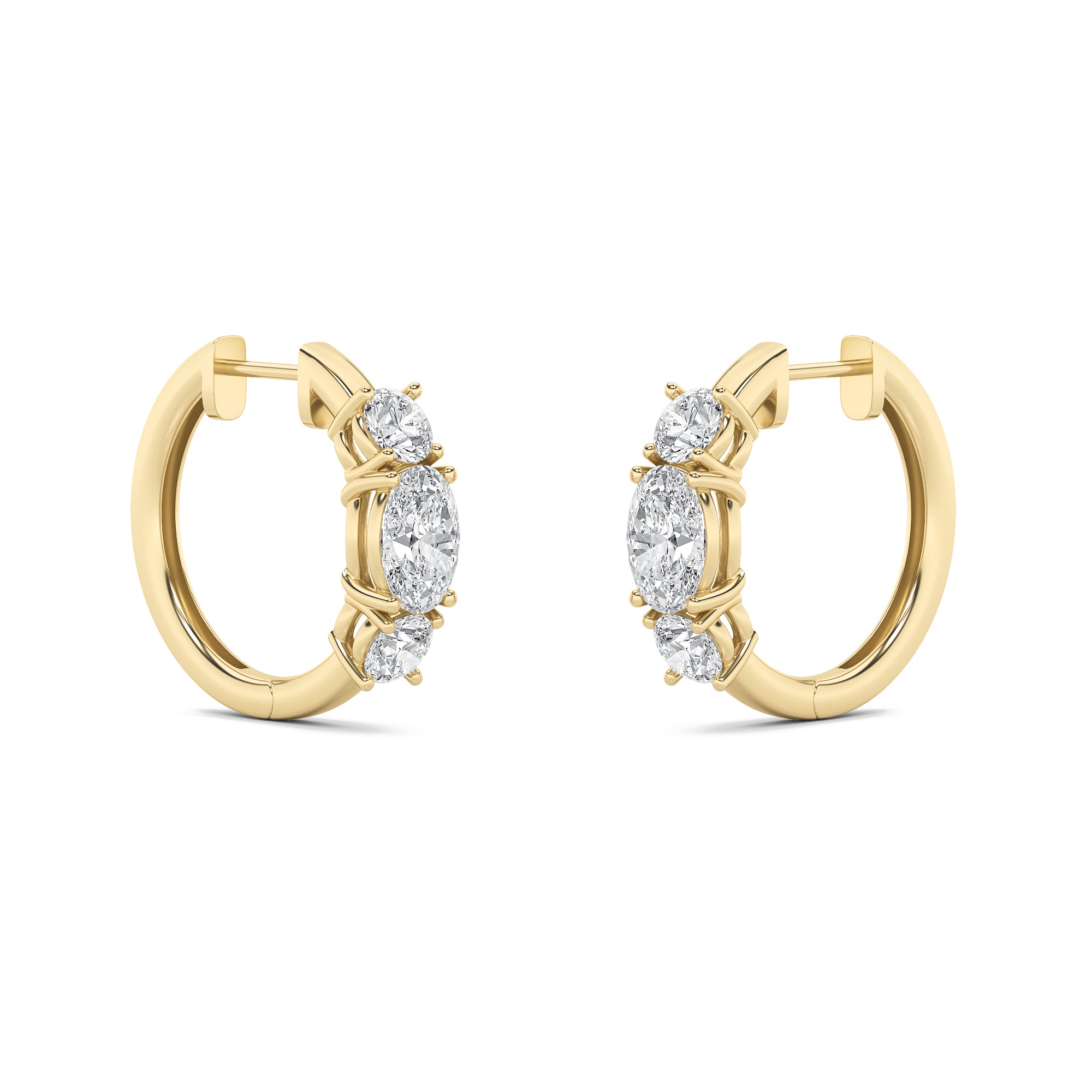 2.5CTW Oval Shaped Lab Grown Diamond (G/VS) Three Stone Huggie Earrings in 14K Gold