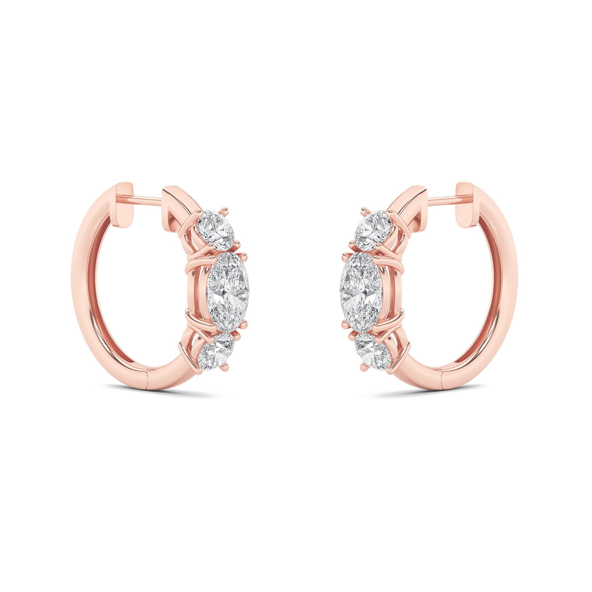 2.5CTW Oval Shaped Lab Grown Diamond (F/VS) Three Stone Huggie Earrings in 14K Gold