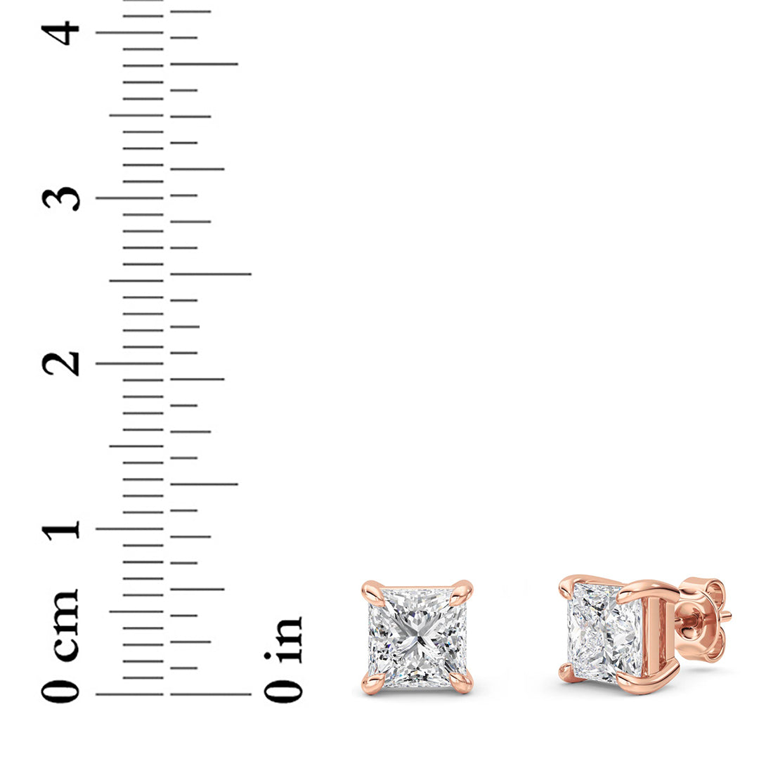 4CTW Princess Shaped Lab Grown Diamond (F/VS) Classic Basket Set Stud Earrings in 14K Gold
