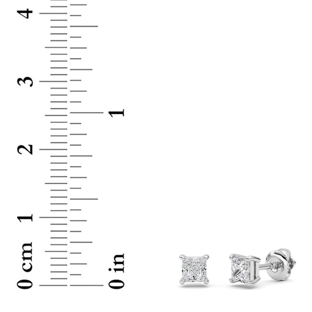 1CTW Princess Shaped Lab Grown Diamond (F/VS) Stud Earrings in 14K Gold