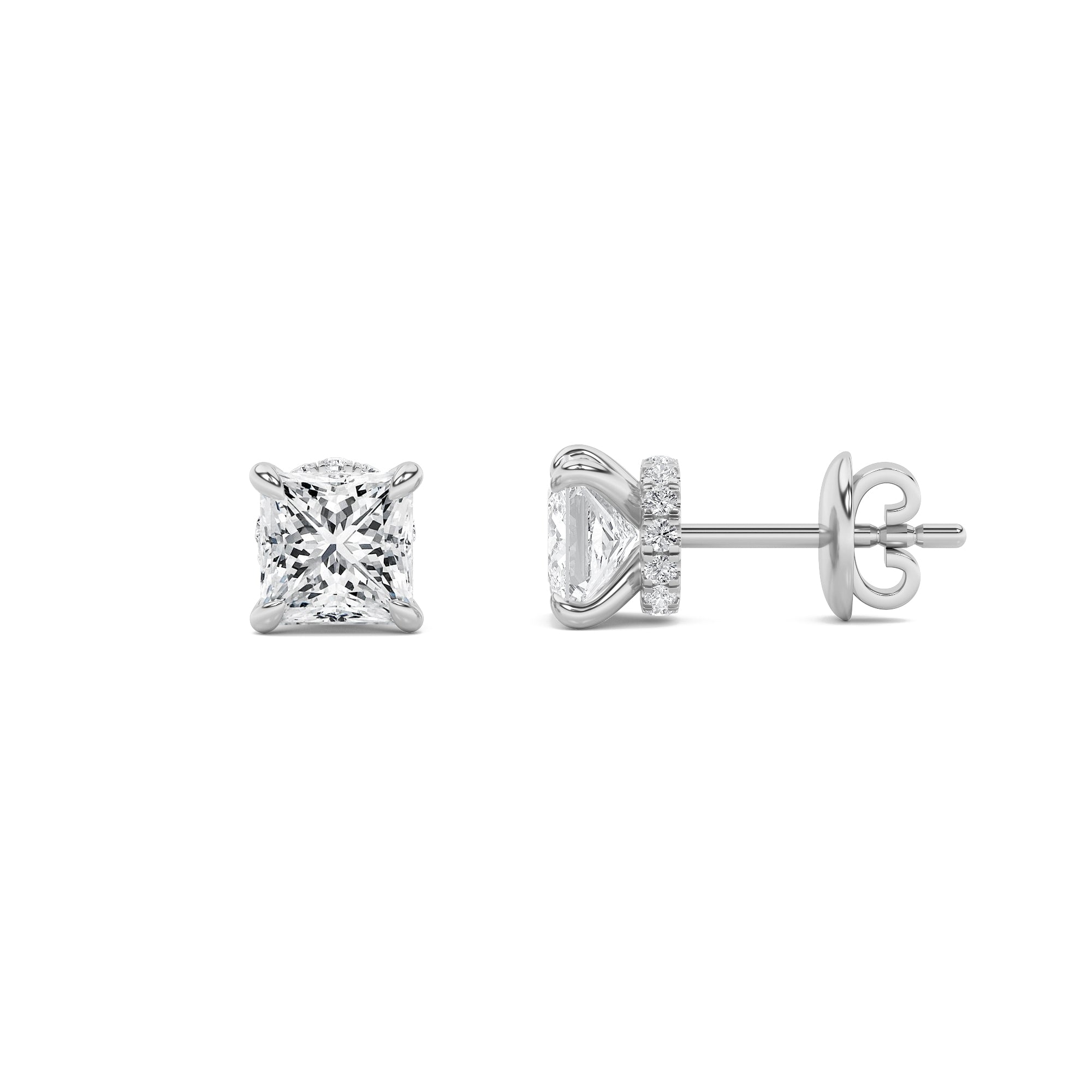 2CTW Princess Shaped Lab Grown Diamond (F/VS) Hidden Halo Stud Earrings in 14K Gold