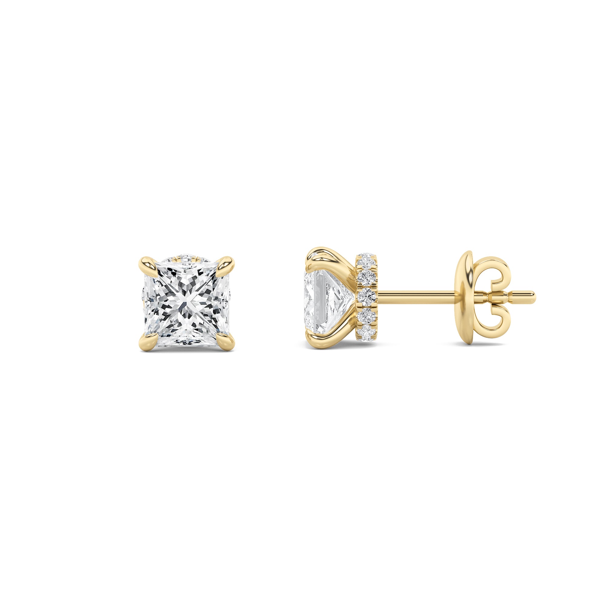 2CTW Princess Shaped Lab Grown Diamond (F/VS) Hidden Halo Stud Earrings in 14K Gold