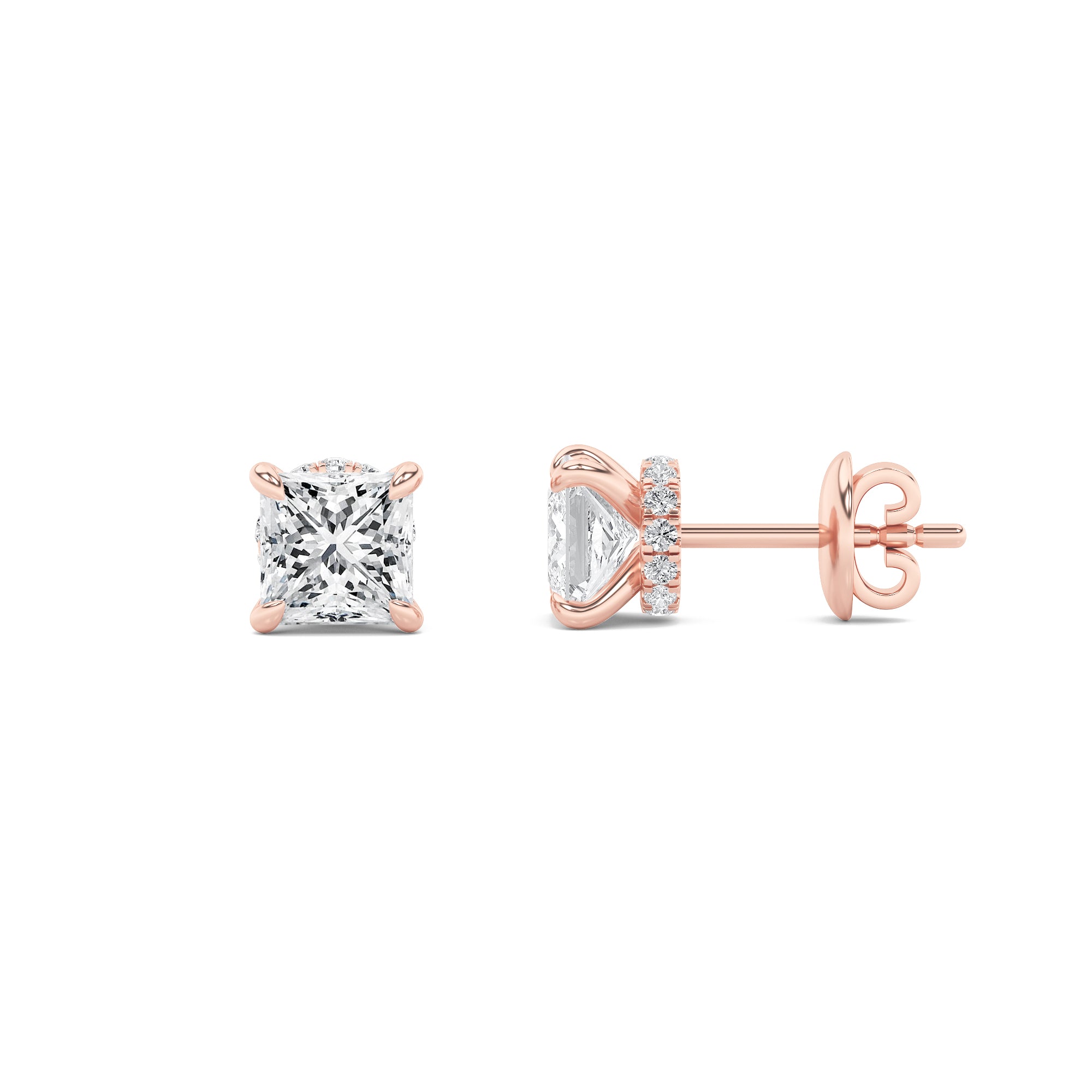 3CTW Princess Shaped Lab Grown Diamond (F/VS) Hidden Halo Stud Earrings in 14K Gold