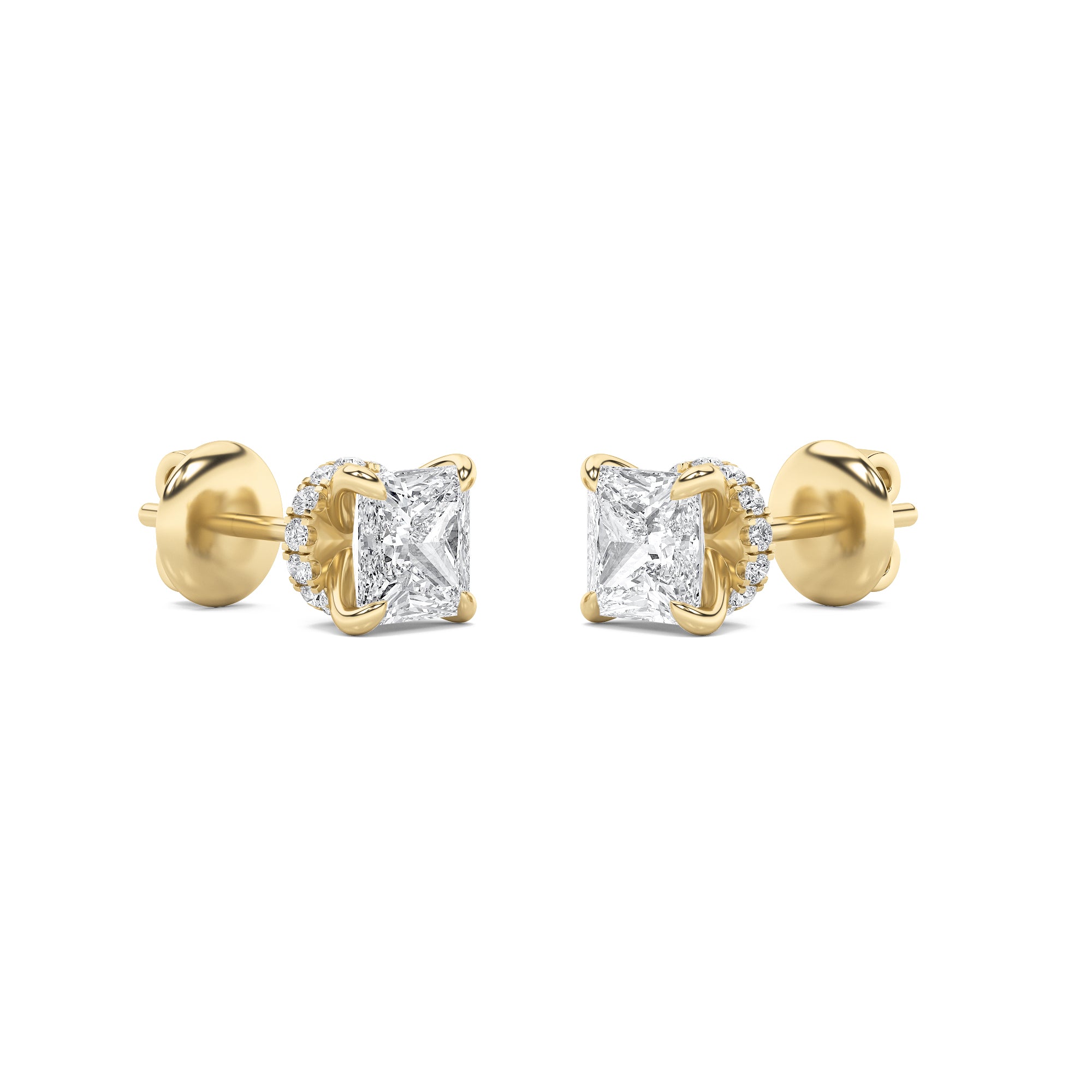 5CTW Princess Shaped Lab Grown Diamond (F/VS) Hidden Halo Stud Earrings in 14K Gold