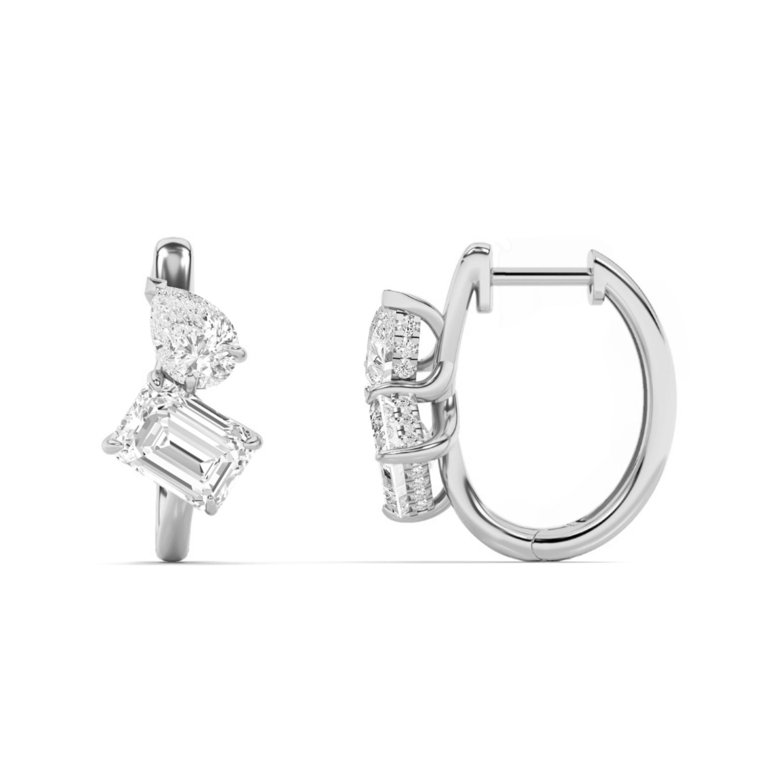 3CTW Emerald Shaped Lab Grown Diamond (F/VS) Toi et Moi Huggie Earrings in 14K Gold