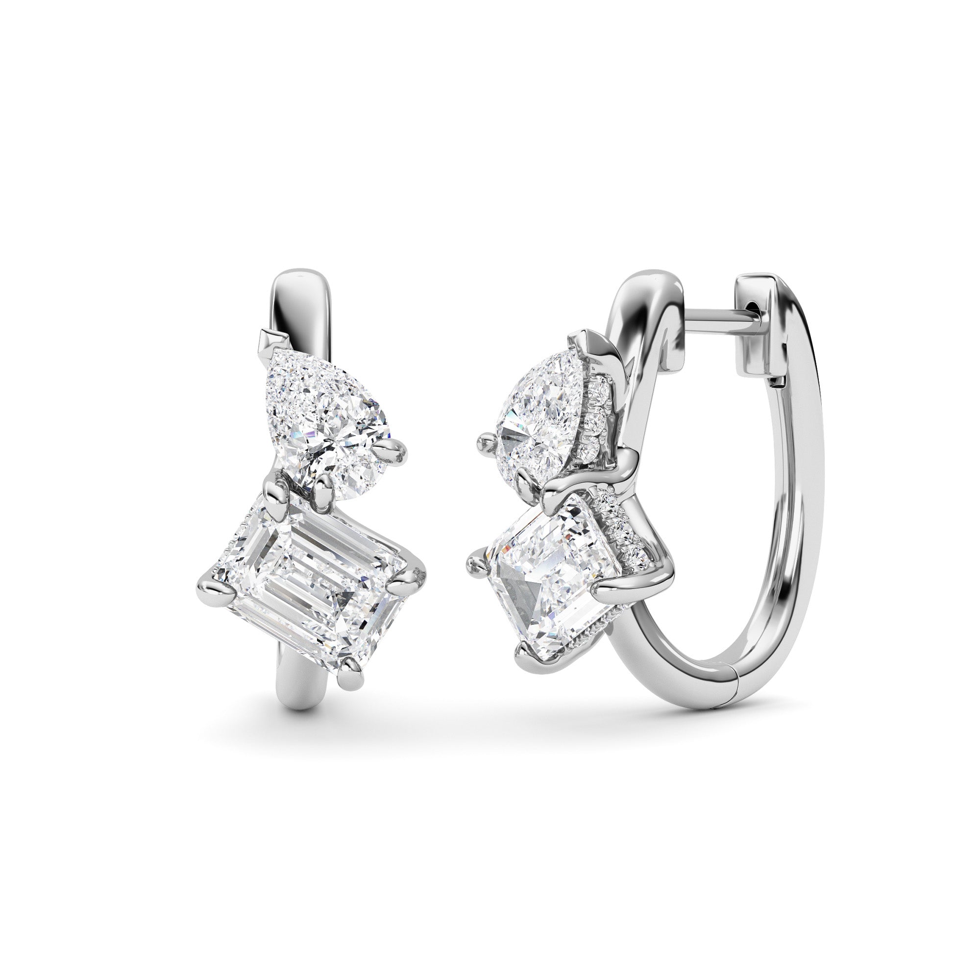 3CTW Emerald Shaped Lab Grown Diamond (F/VS) Toi et Moi Huggie Earrings in 14K Gold