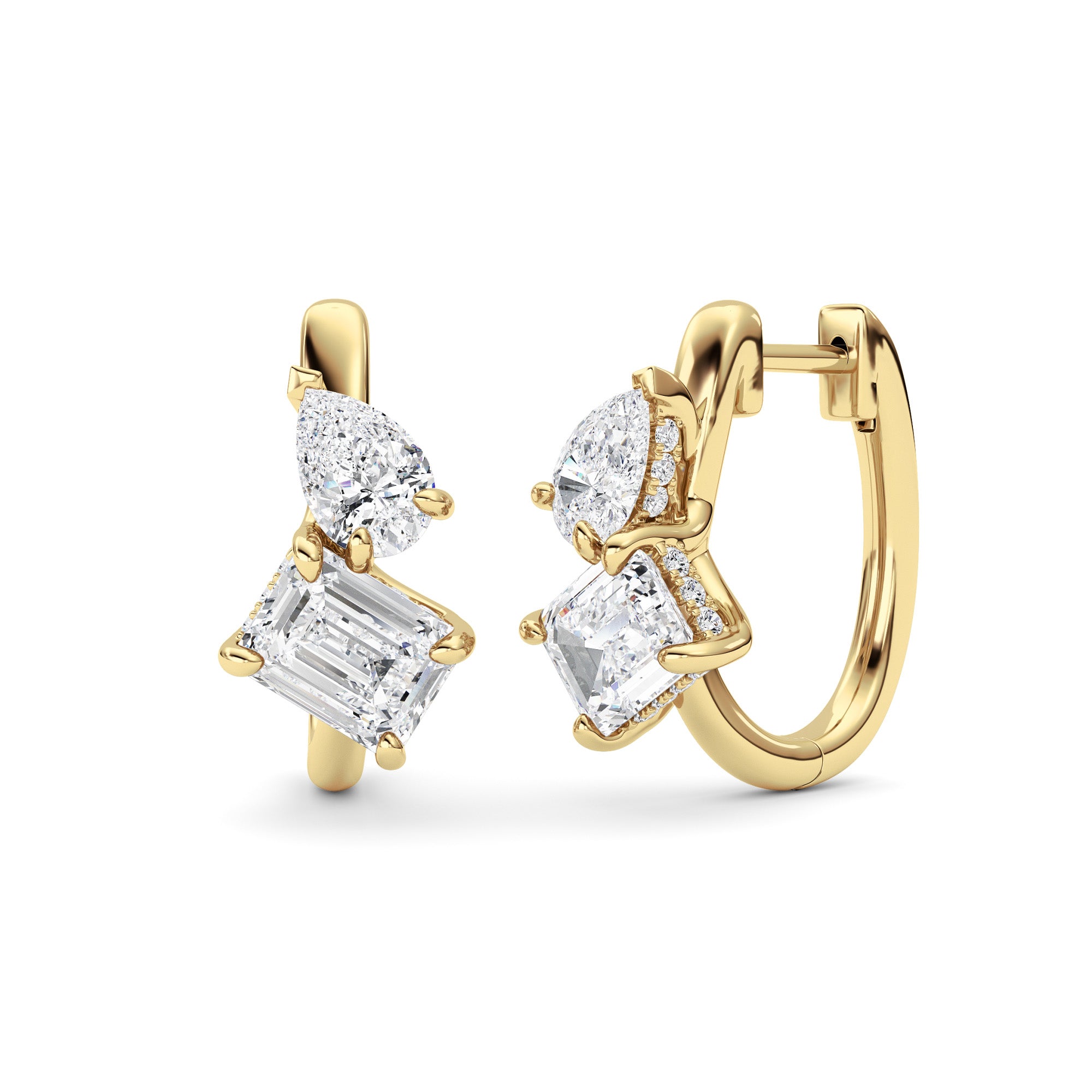 3CTW Emerald Shaped Lab Grown Diamond (G/VS) Toi et Moi Huggie Earrings in 14K Gold