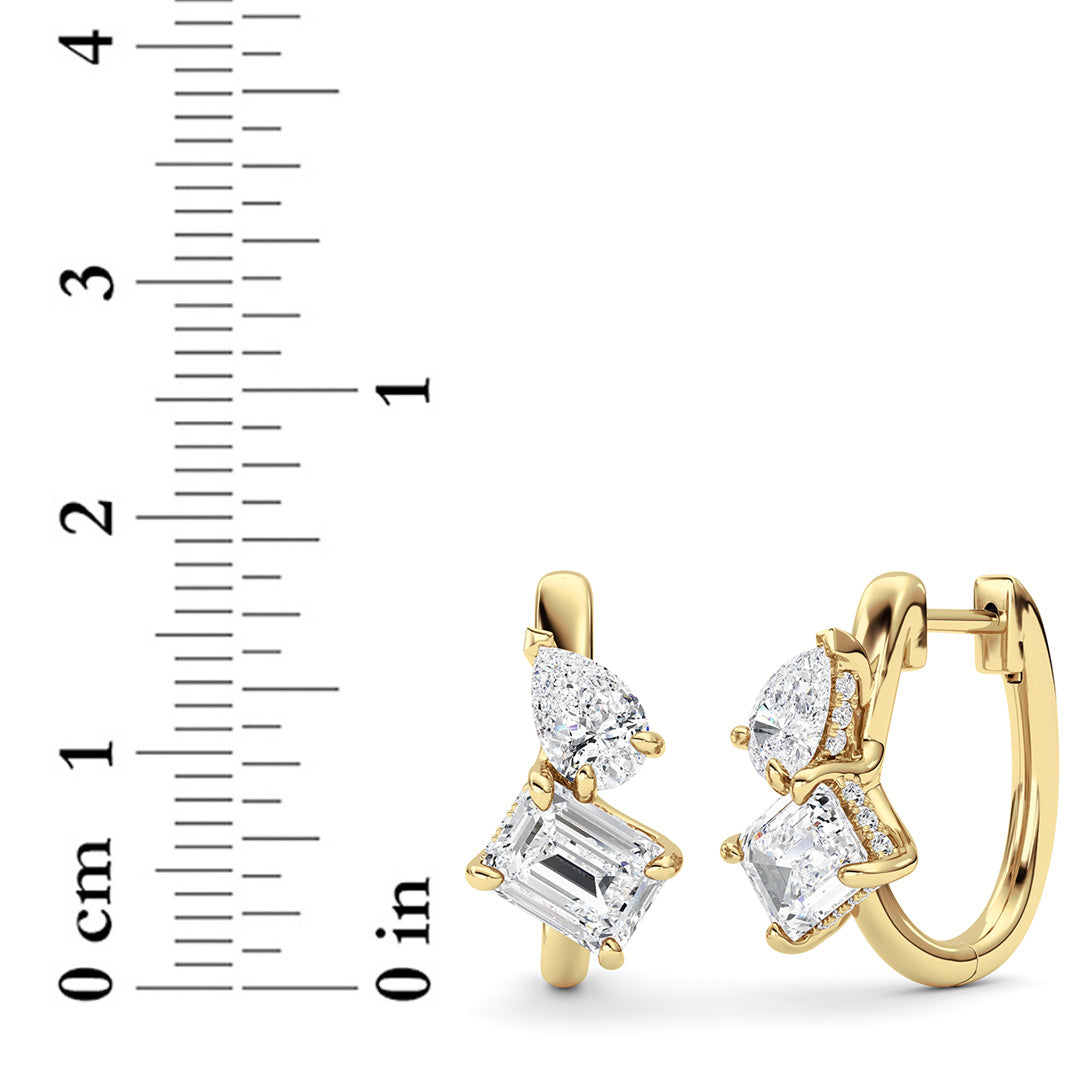 3CTW Emerald Shaped Lab Grown Diamond (G/VS) Toi et Moi Huggie Earrings in 14K Gold