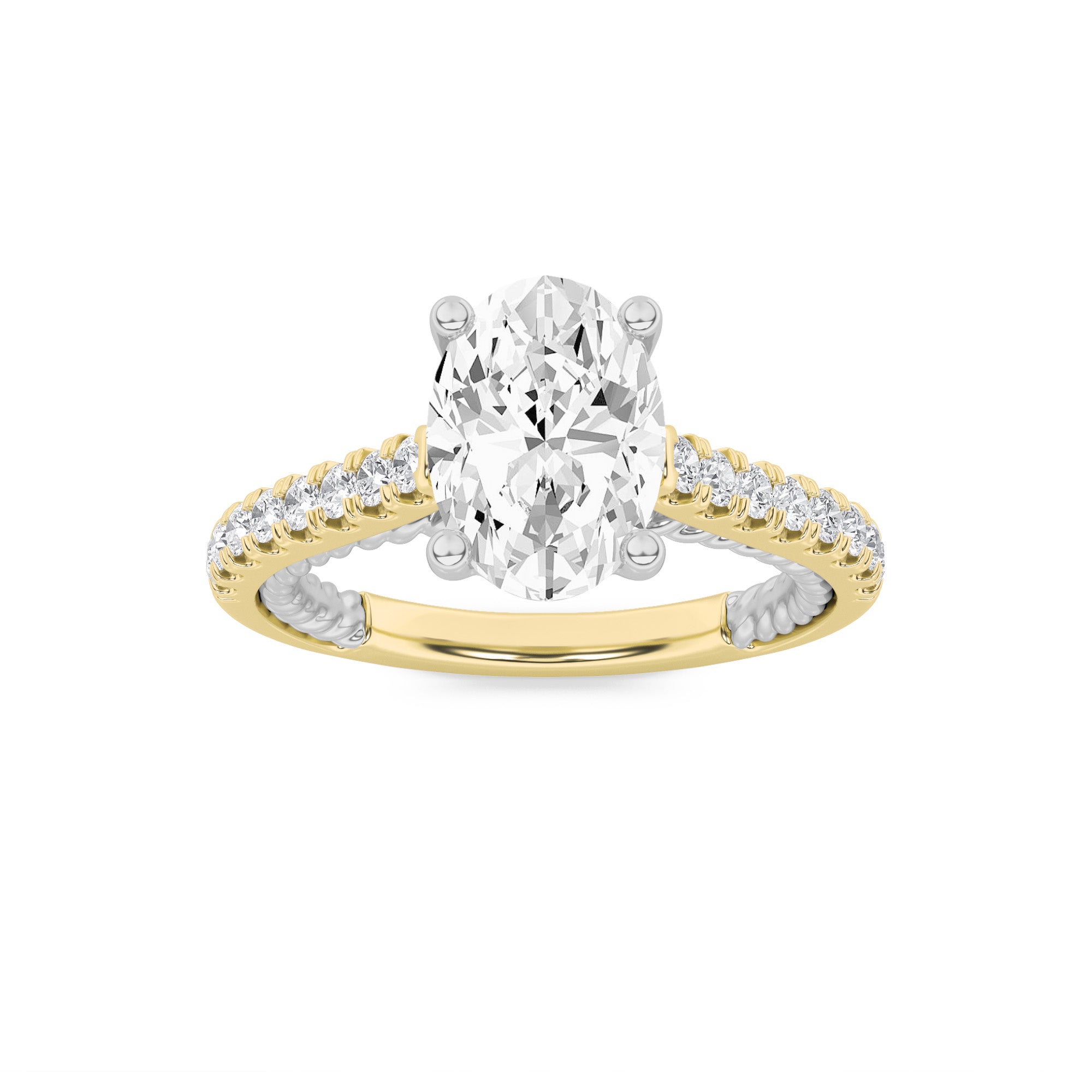 2CTW Oval Shaped Lab Grown Diamond (F/VS) Two Tone Accented Rope Design Engagement Ring in 14K Gold