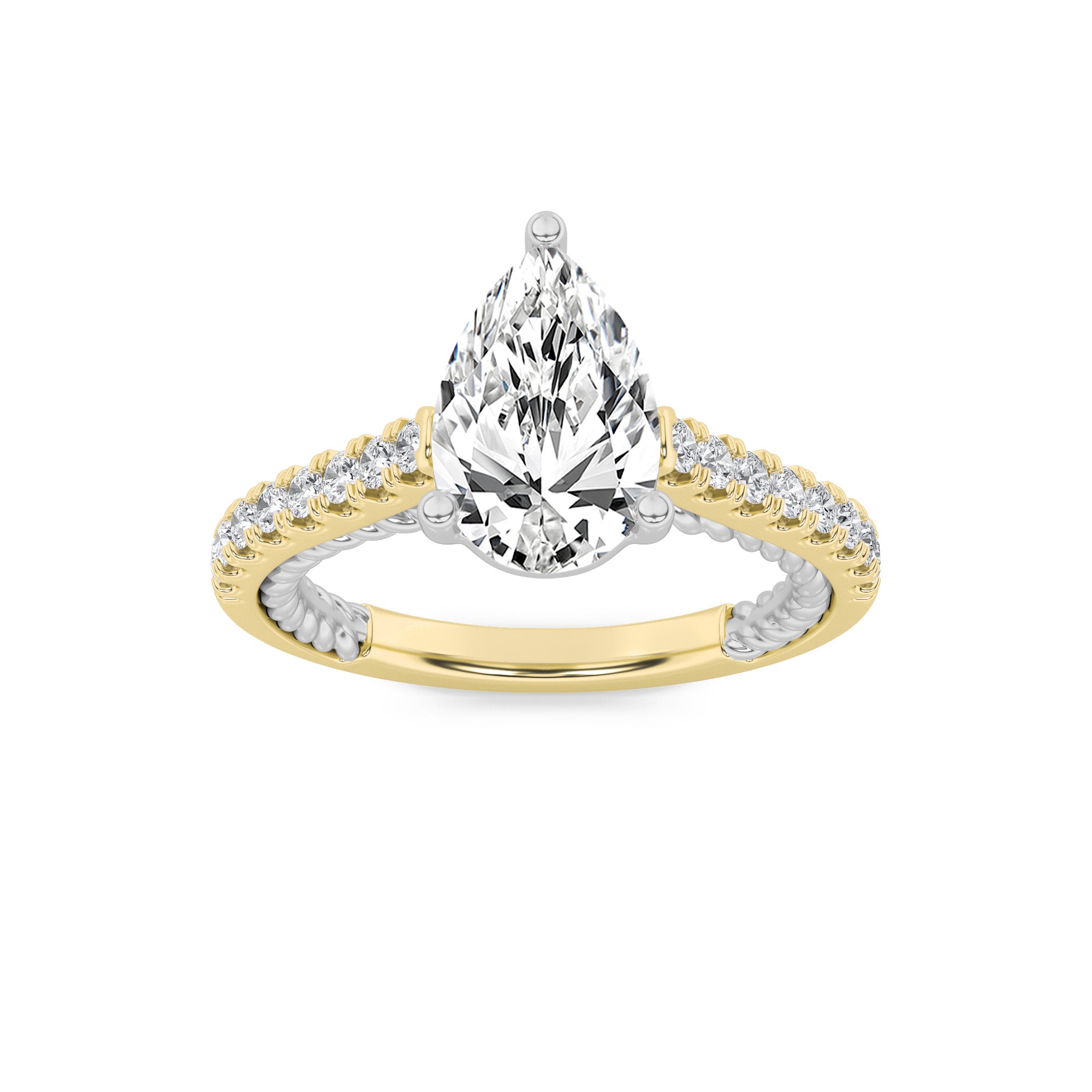2CTW Pear Shaped Lab Grown Diamond (F/VS) Two Tone Accented Rope Design Engagement Ring in 14K Gold