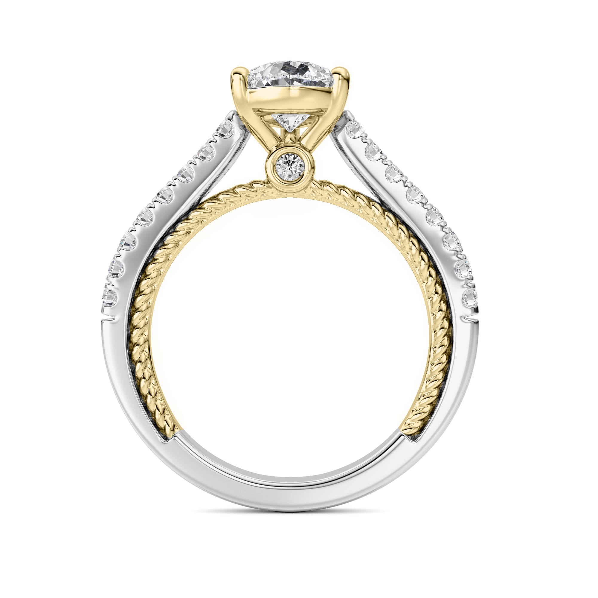2CTW Pear Shaped Lab Grown Diamond (F/VS) Two Tone Accented Rope Design Engagement Ring in 14K Gold