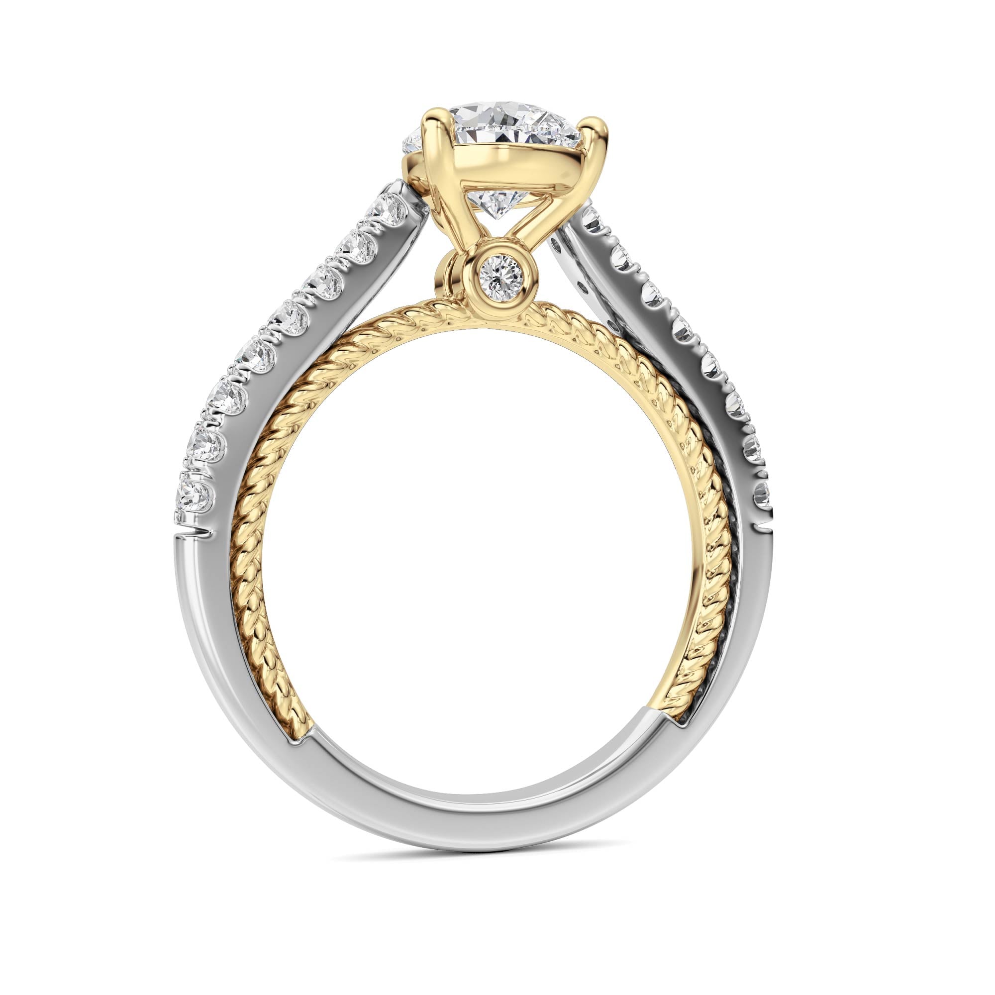 2CTW Pear Shaped Lab Grown Diamond (F/VS) Two Tone Accented Rope Design Engagement Ring in 14K Gold