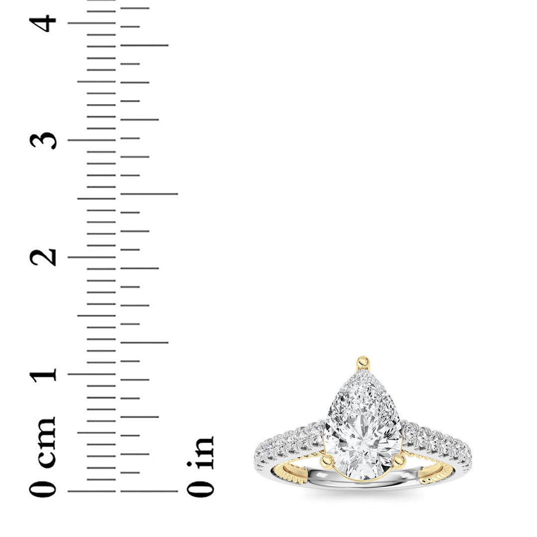 2CTW Pear Shaped Lab Grown Diamond (F/VS) Two Tone Accented Rope Design Engagement Ring in 14K Gold