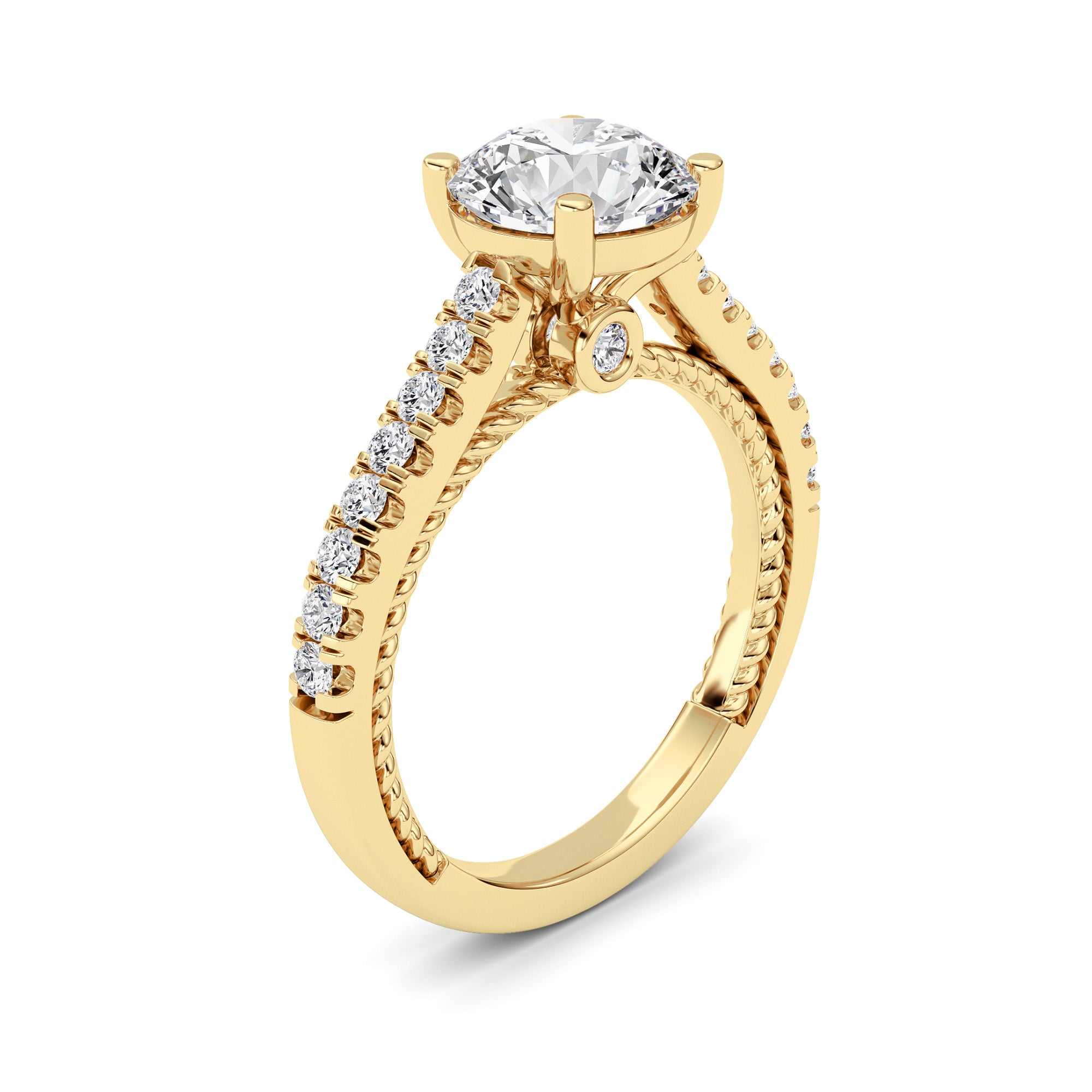 2CTW Round Shaped Lab Grown Diamond (F/VS) Two Tone Accented Rope Design Engagement Ring in 14K Gold