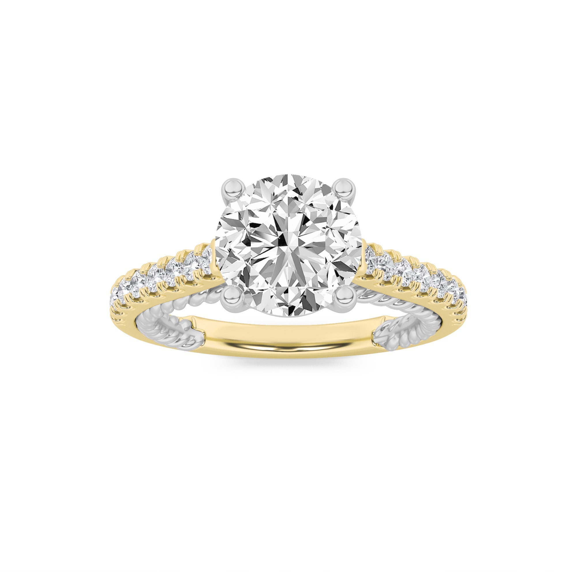 2CTW Round Shaped Lab Grown Diamond (F/VS) Two Tone Accented Rope Design Engagement Ring in 14K Gold