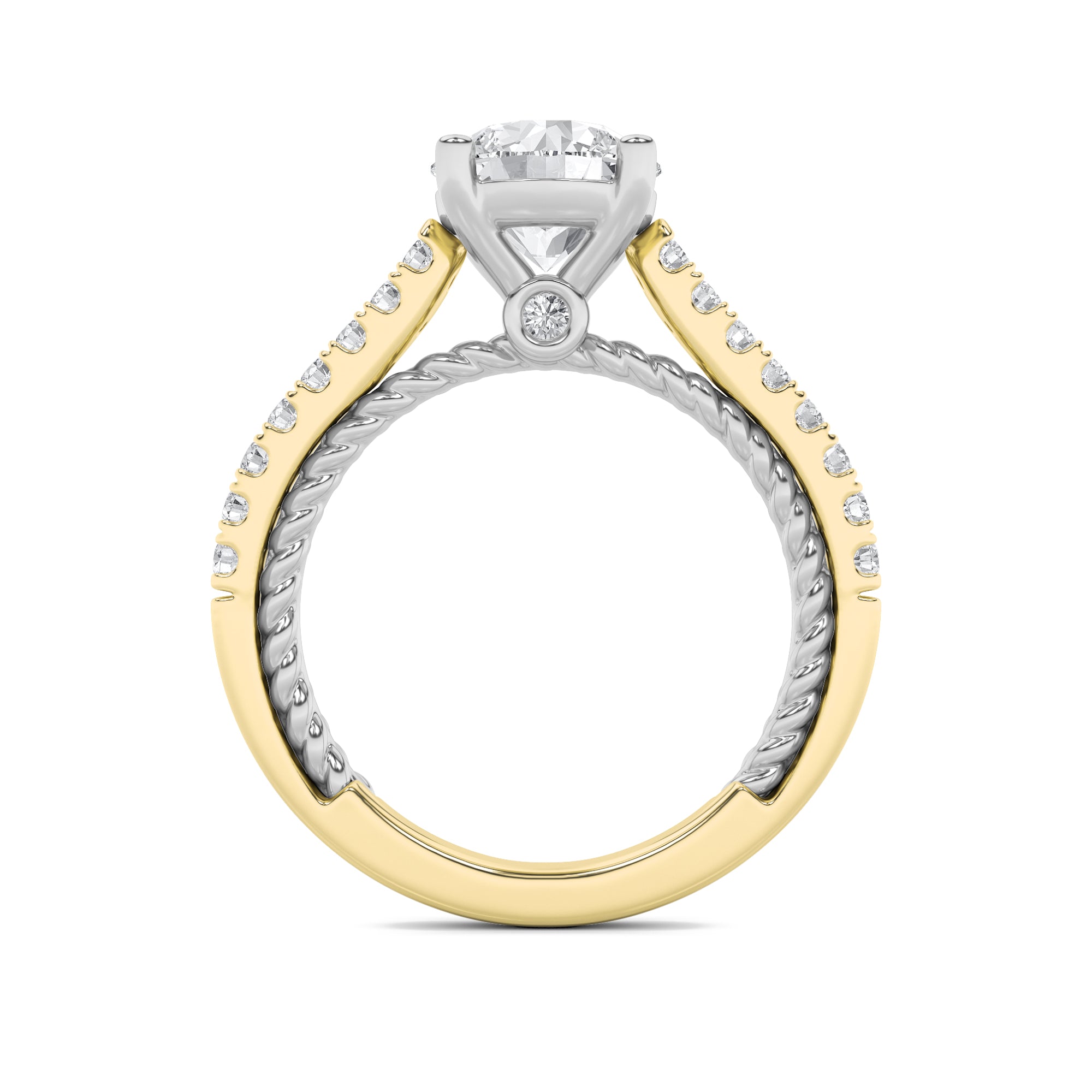 2CTW Round Shaped Lab Grown Diamond (F/VS) Two Tone Accented Rope Design Engagement Ring in 14K Gold