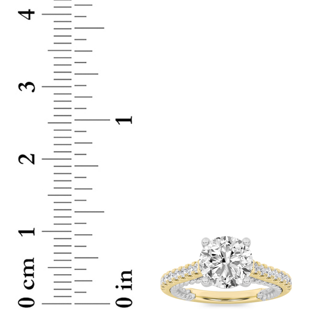 2CTW Round Shaped Lab Grown Diamond (F/VS) Two Tone Accented Rope Design Engagement Ring in 14K Gold