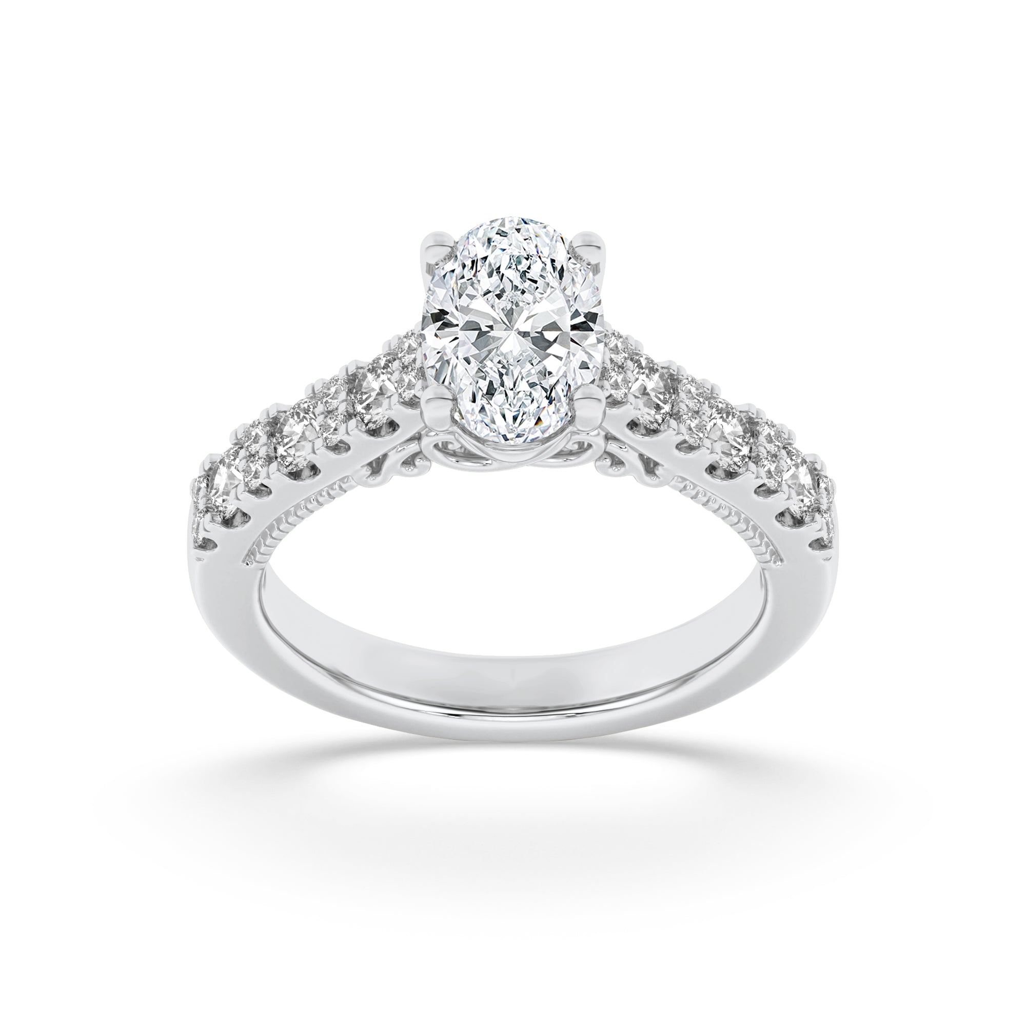2CTW Oval Shaped Lab Grown Diamond (F/VS) Accented Milgrain Engagement Ring in 14K Gold