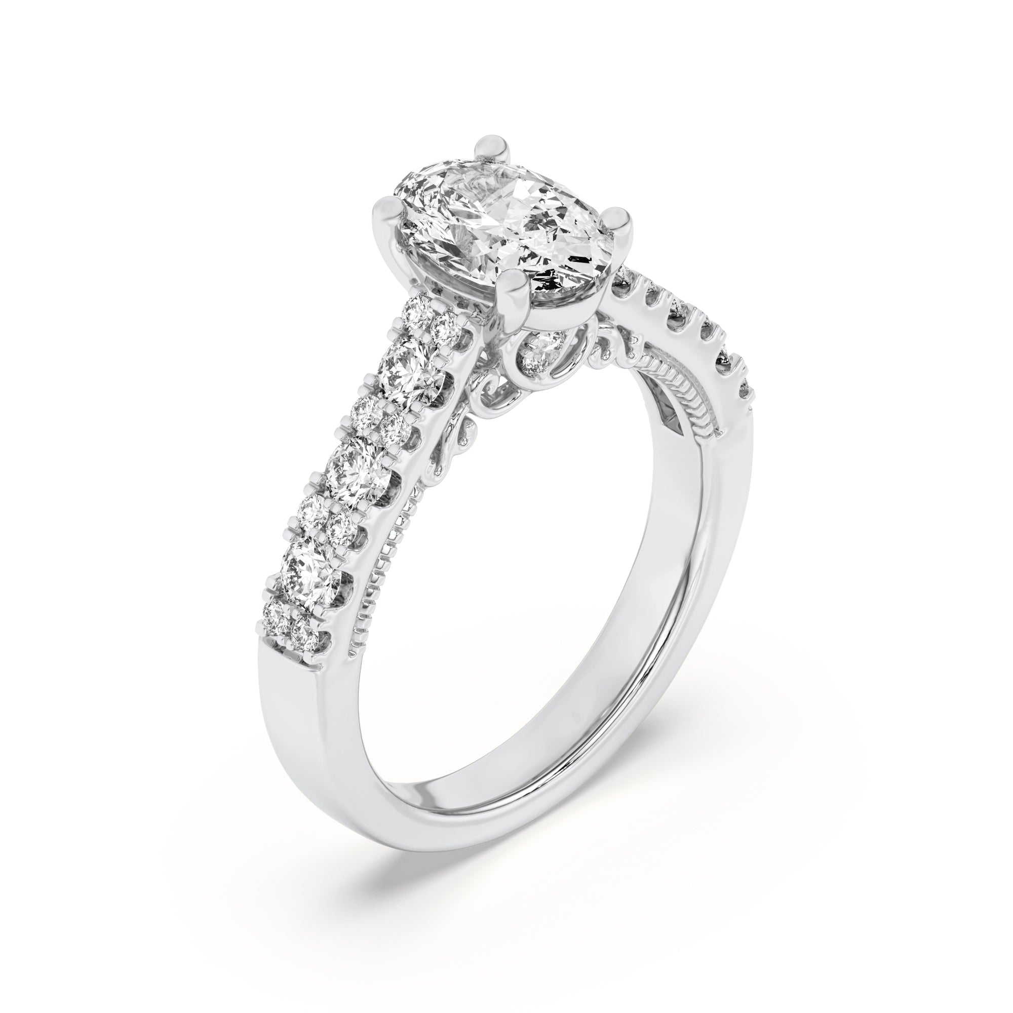 2CTW Oval Shaped Lab Grown Diamond (F/VS) Accented Milgrain Engagement Ring in 14K Gold