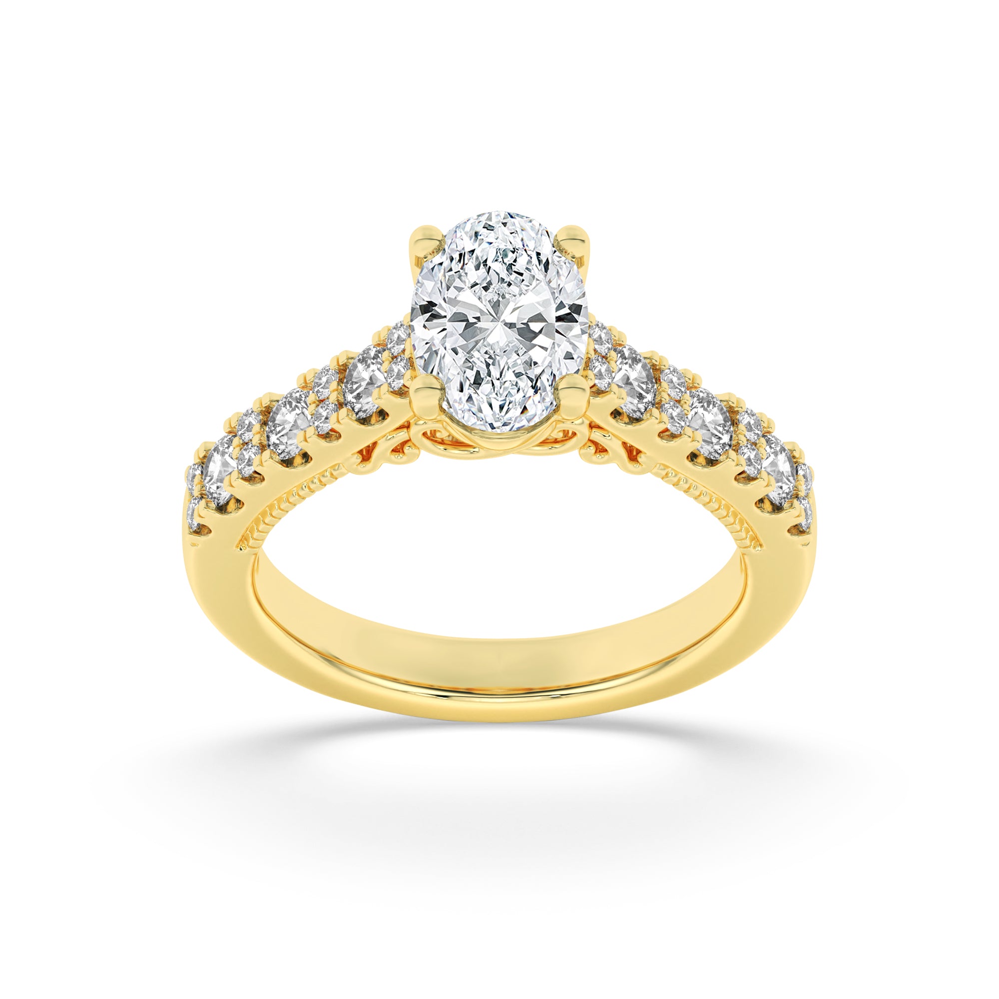 2CTW Oval Shaped Lab Grown Diamond (F/VS) Accented Milgrain Engagement Ring in 14K Gold