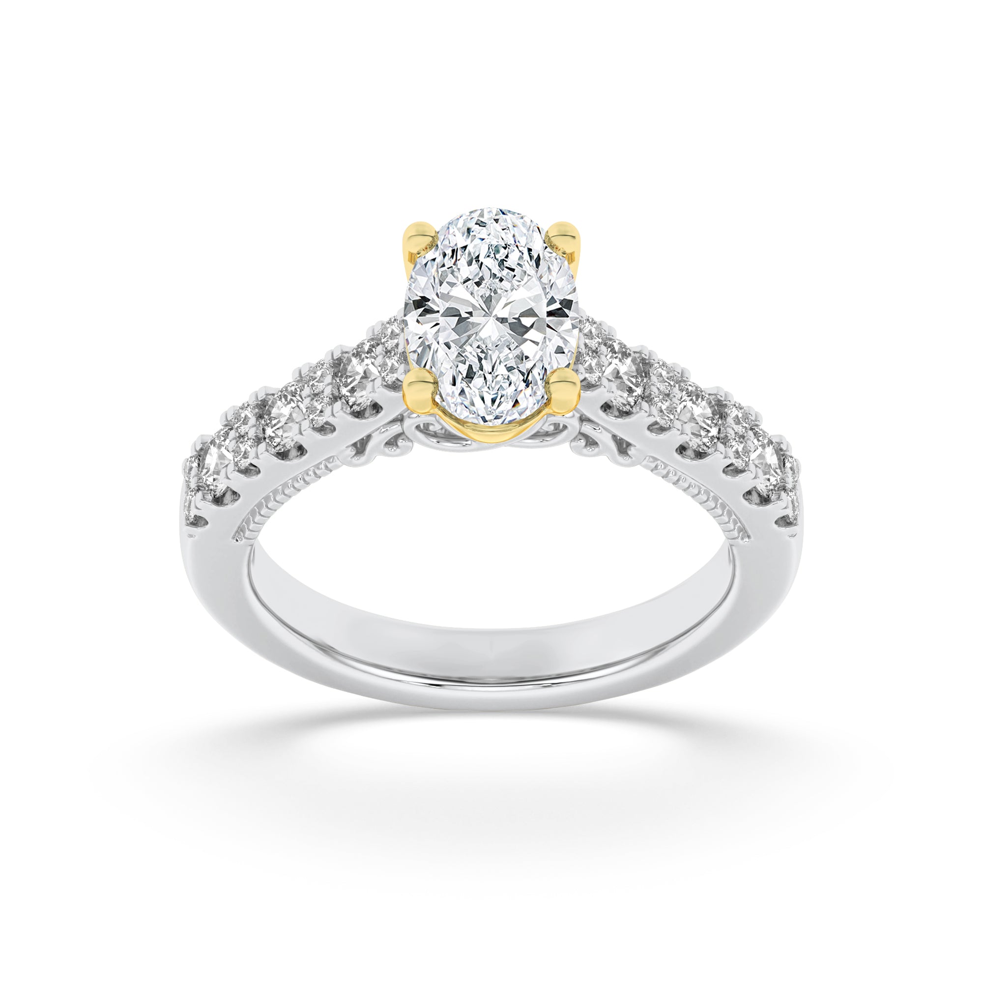 2CTW Oval Shaped Lab Grown Diamond (F/VS) Accented Milgrain Engagement Ring in 14K Gold