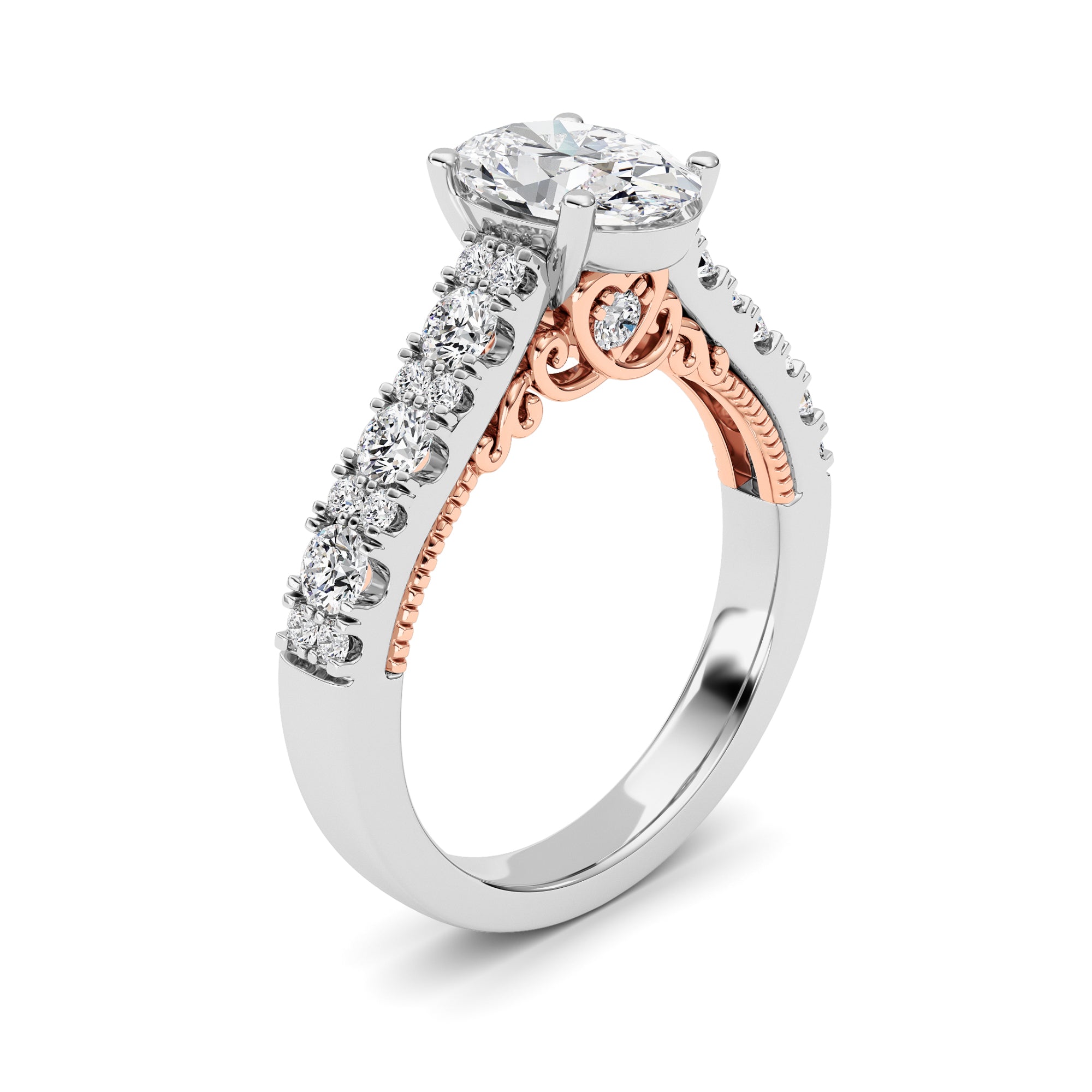 2CTW Oval Shaped Lab Grown Diamond (F/VS) Accented Milgrain Engagement Ring in 14K Gold