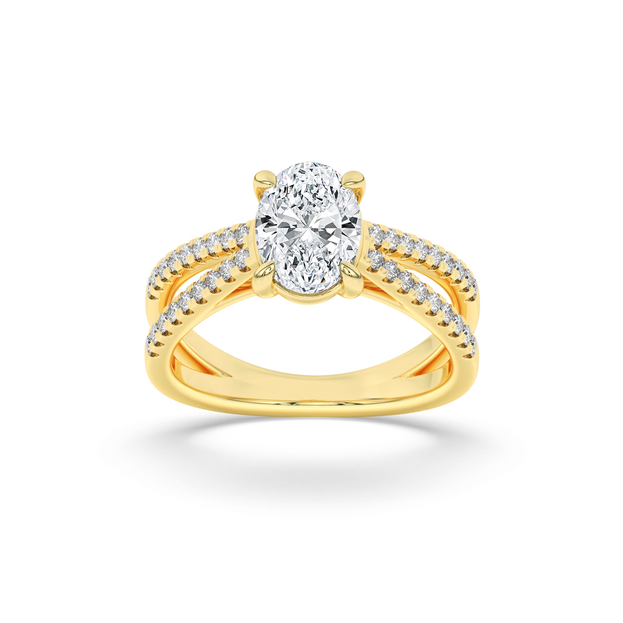 2CTW Oval Shaped Lab Grown Diamond (F/VS) Cross Shank Accented Engagement Ring in 14K Gold
