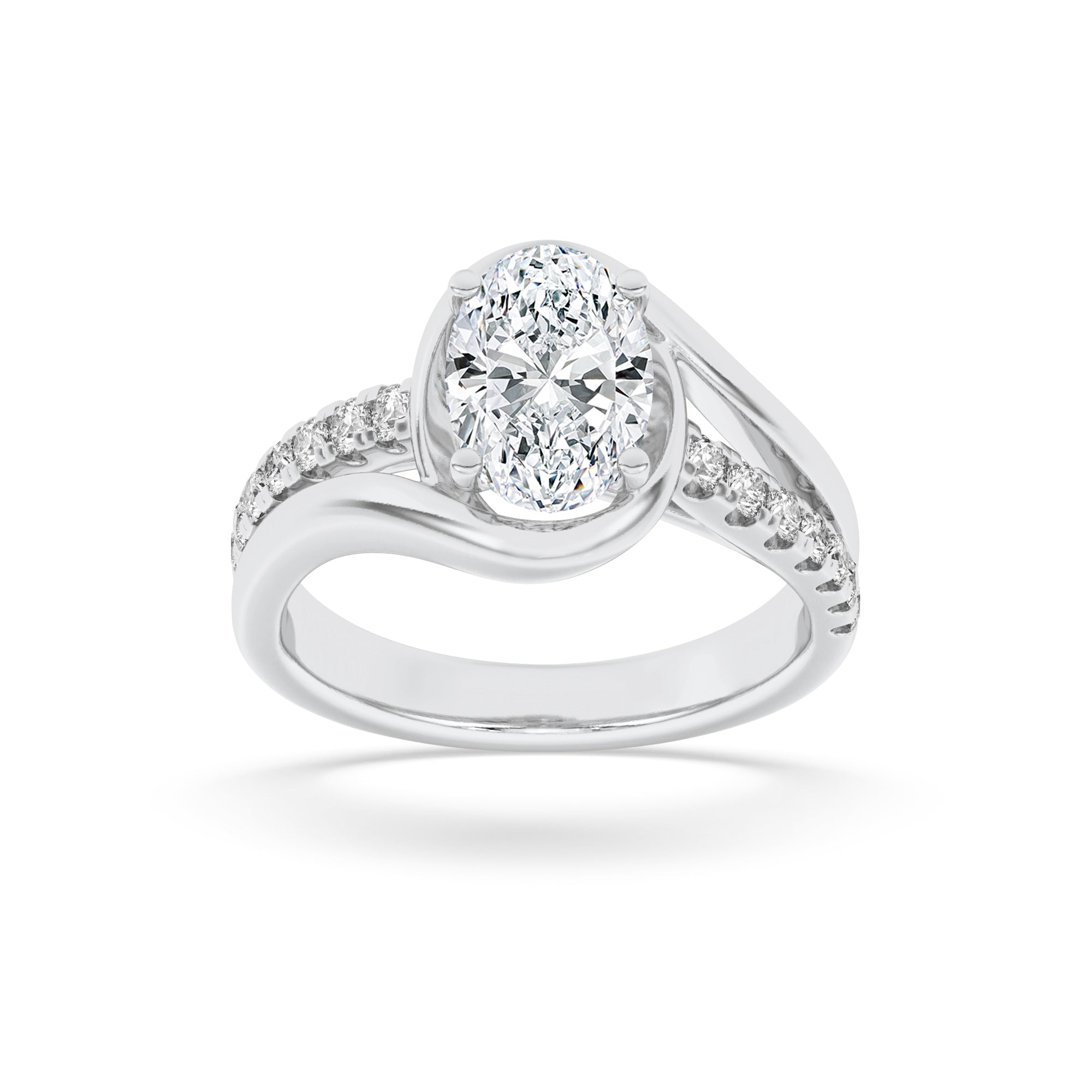 2CTW Oval Shaped Lab Grown Diamond (G/VS) Swirl Shank Accented Engagement Ring in 14K Gold