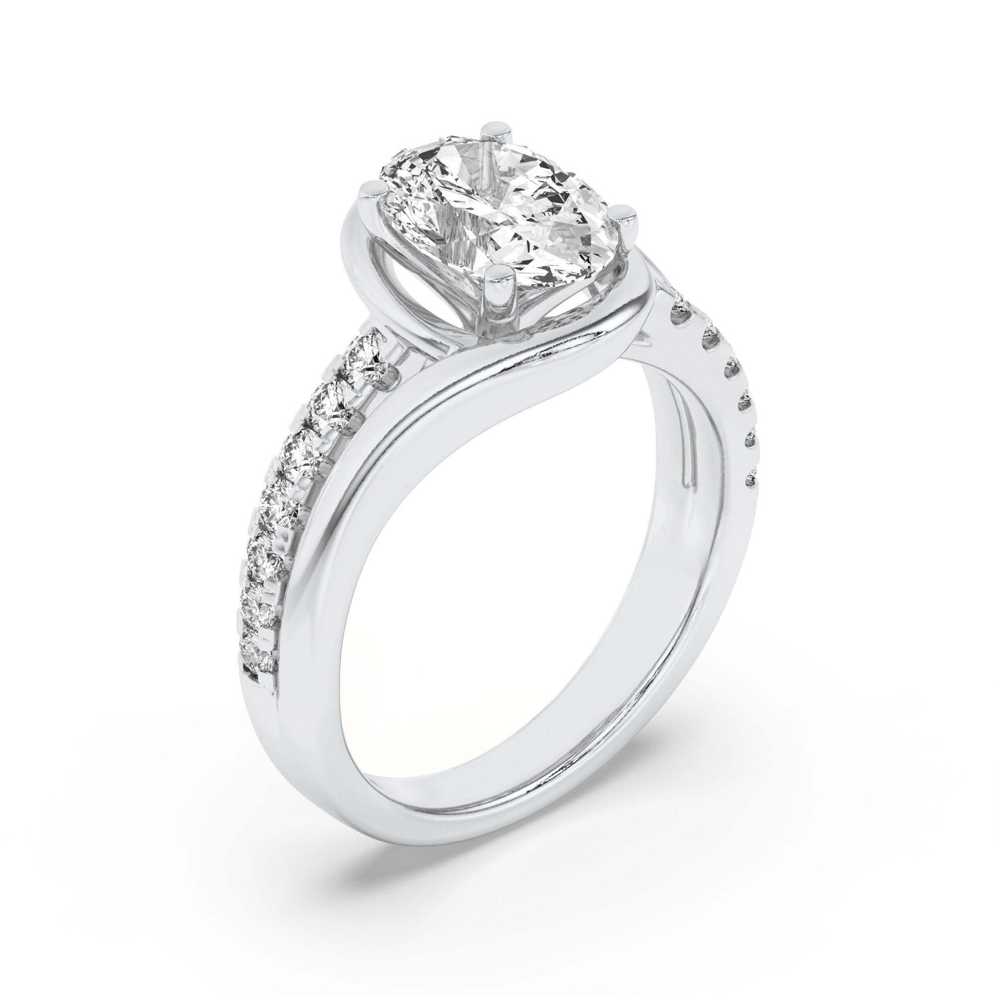 2CTW Oval Shaped Lab Grown Diamond (G/VS) Swirl Shank Accented Engagement Ring in 14K Gold