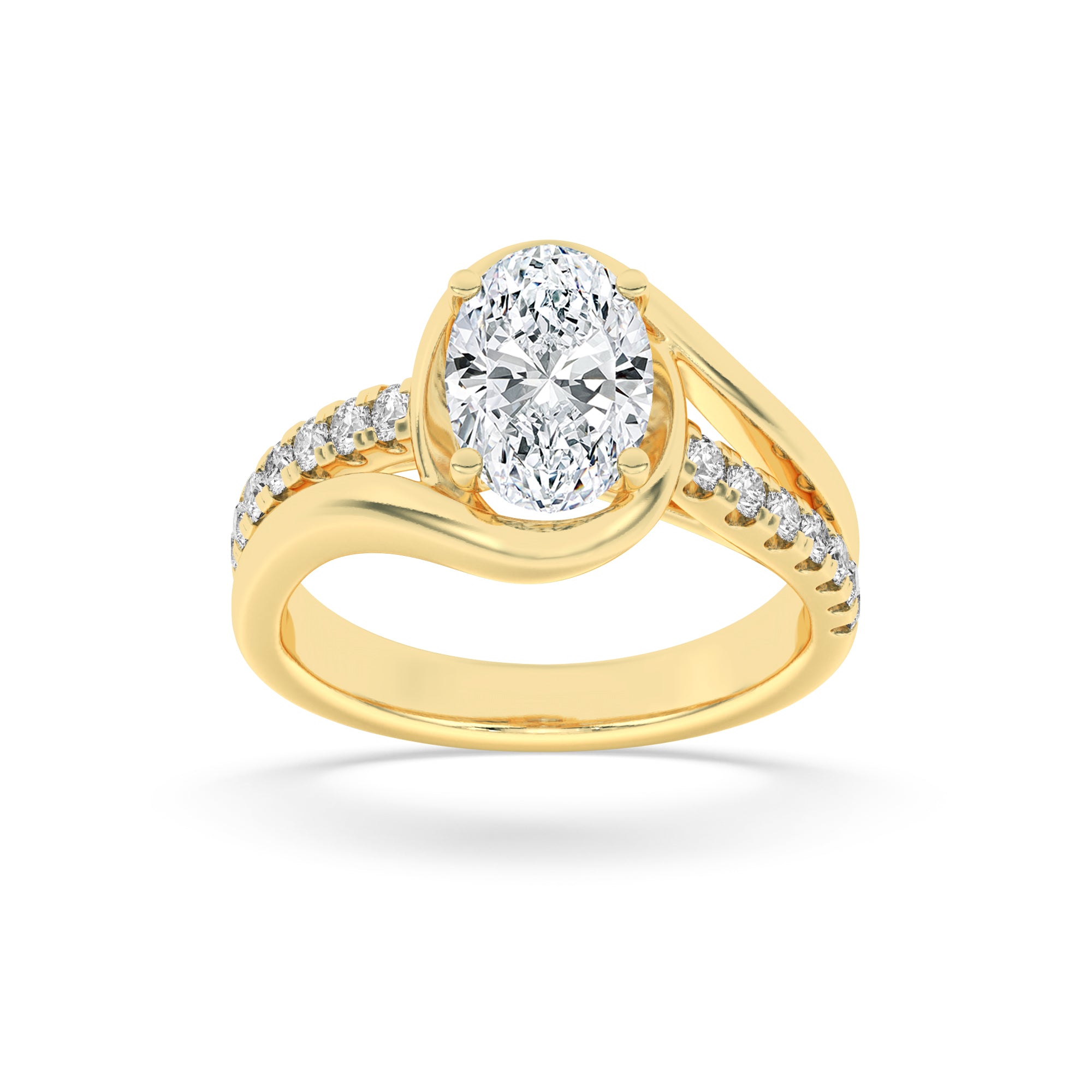 2CTW Oval Shaped Lab Grown Diamond (F/VS) Swirl Shank Accented Engagement Ring in 14K Gold