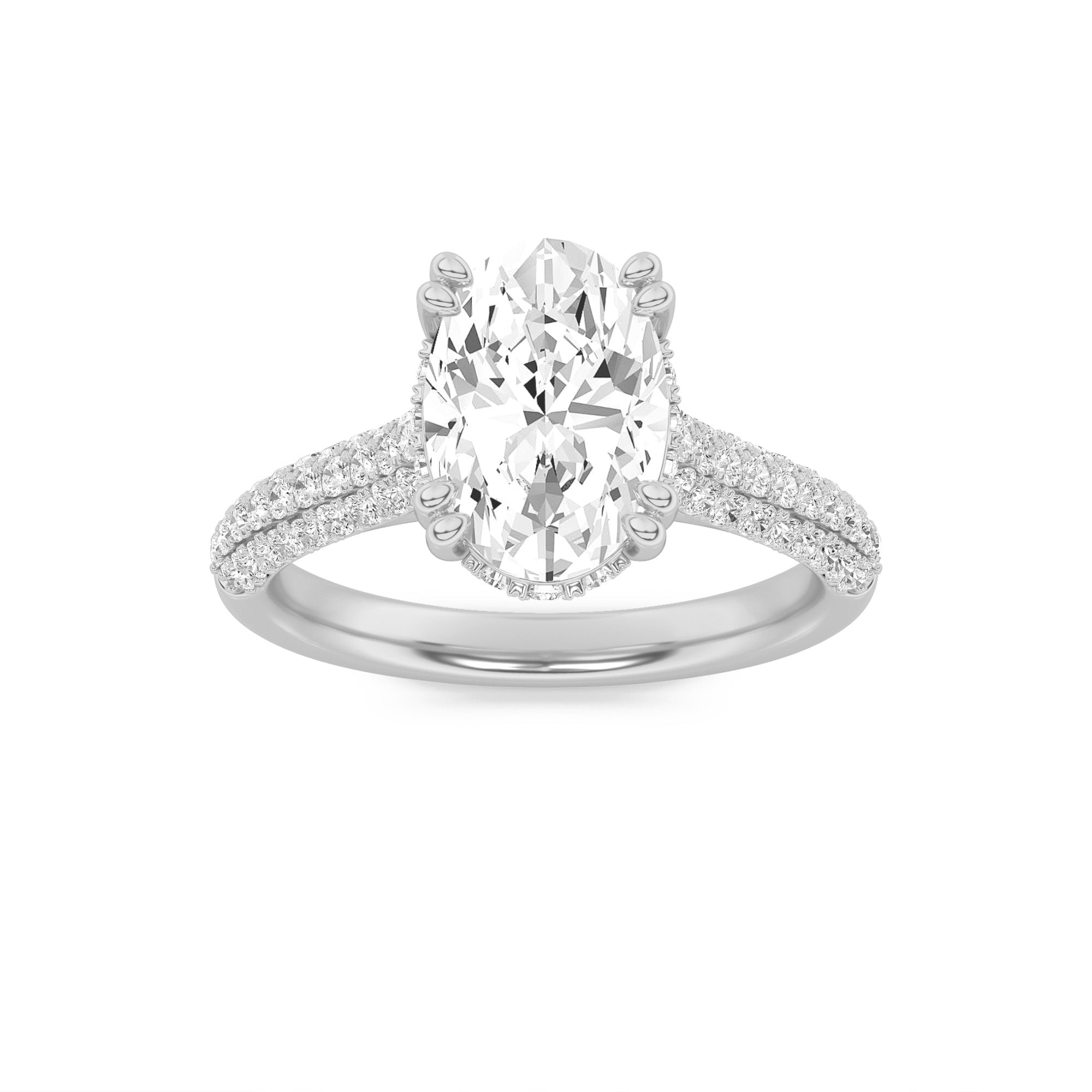 3CTW Oval Shaped Lab Grown Diamond (F/VS) Triple Row Accented Engagement Ring in 14K Gold