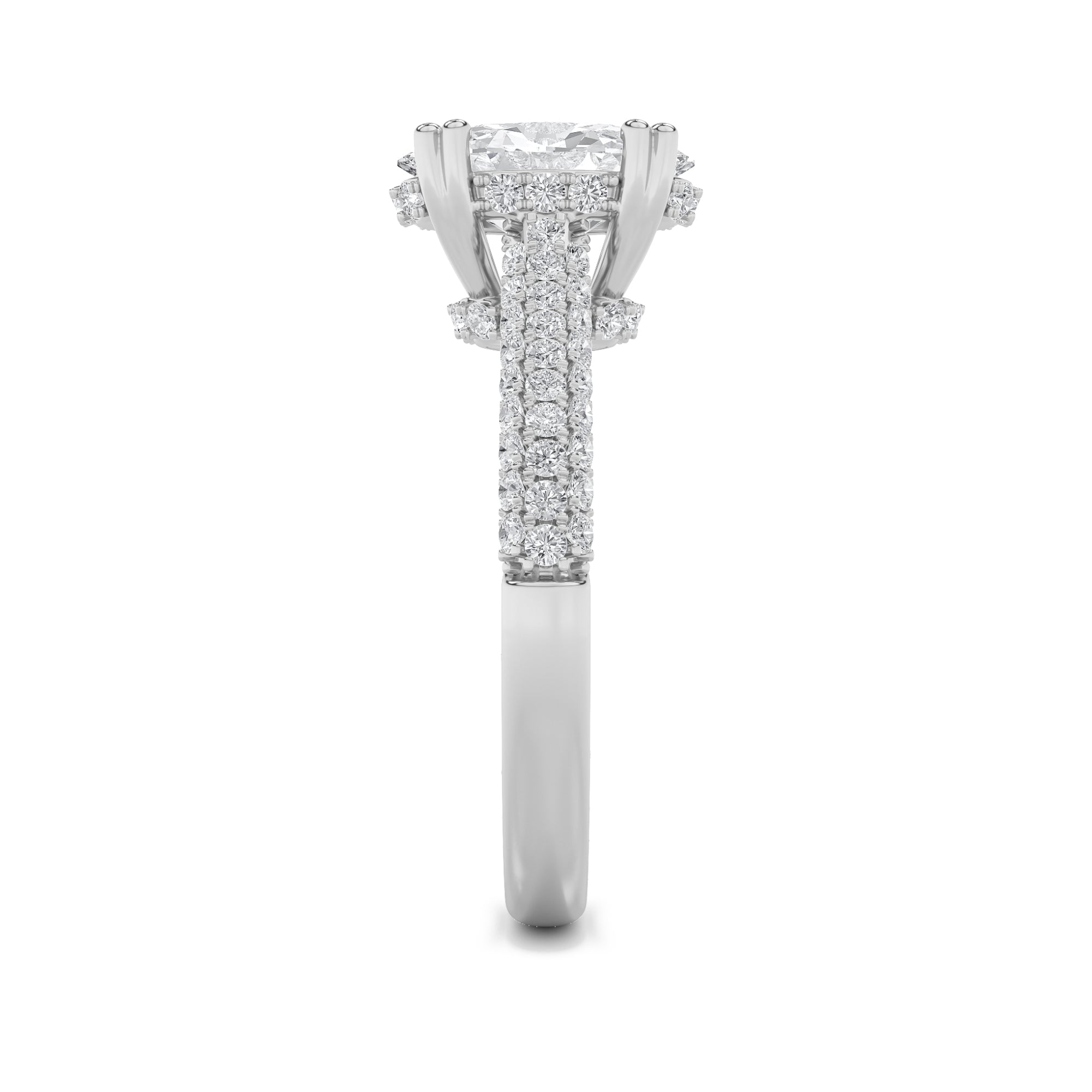 3CTW Oval Shaped Lab Grown Diamond (F/VS) Triple Row Accented Engagement Ring in 14K Gold