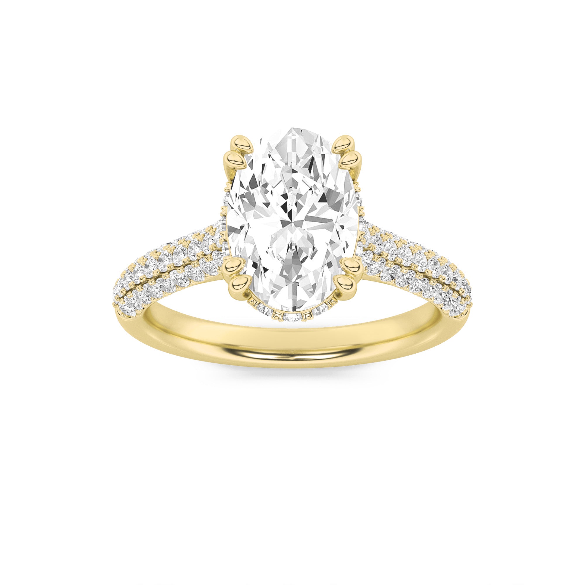 3CTW Oval Shaped Lab Grown Diamond (F/VS) Triple Row Accented Engagement Ring in 14K Gold