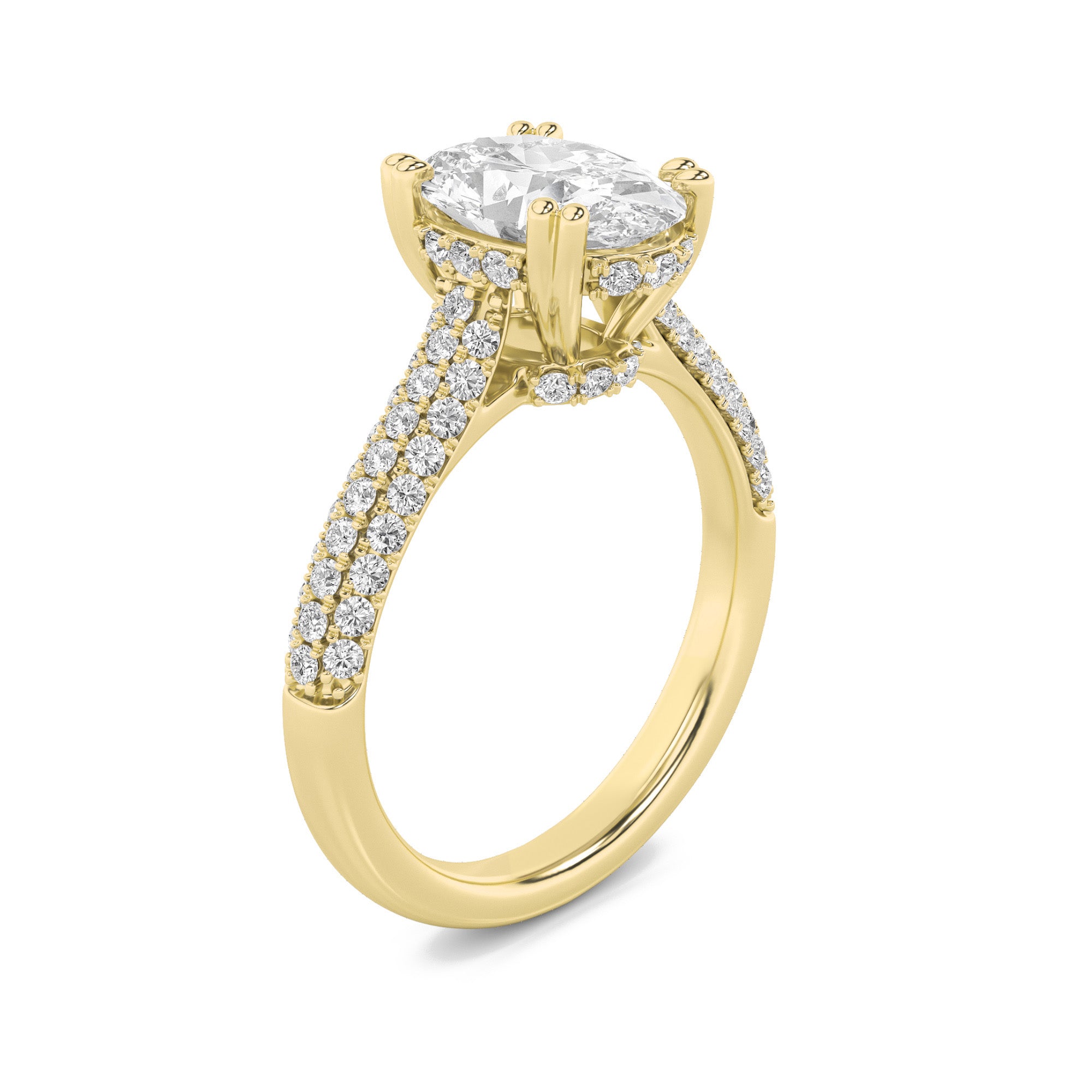 3CTW Oval Shaped Lab Grown Diamond (F/VS) Triple Row Accented Engagement Ring in 14K Gold