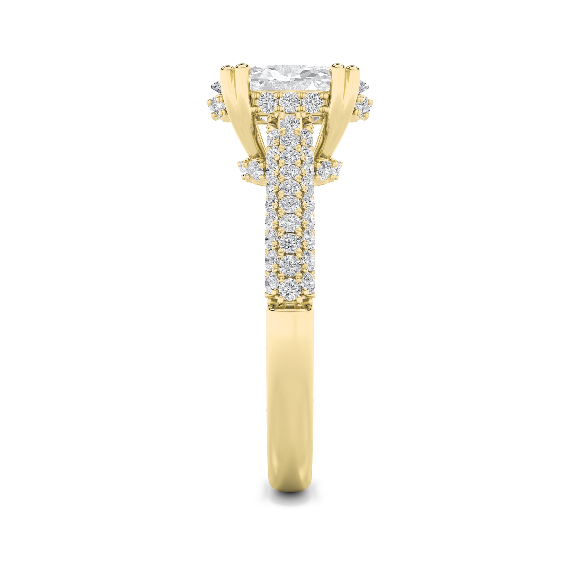 3CTW Oval Shaped Lab Grown Diamond (F/VS) Triple Row Accented Engagement Ring in 14K Gold