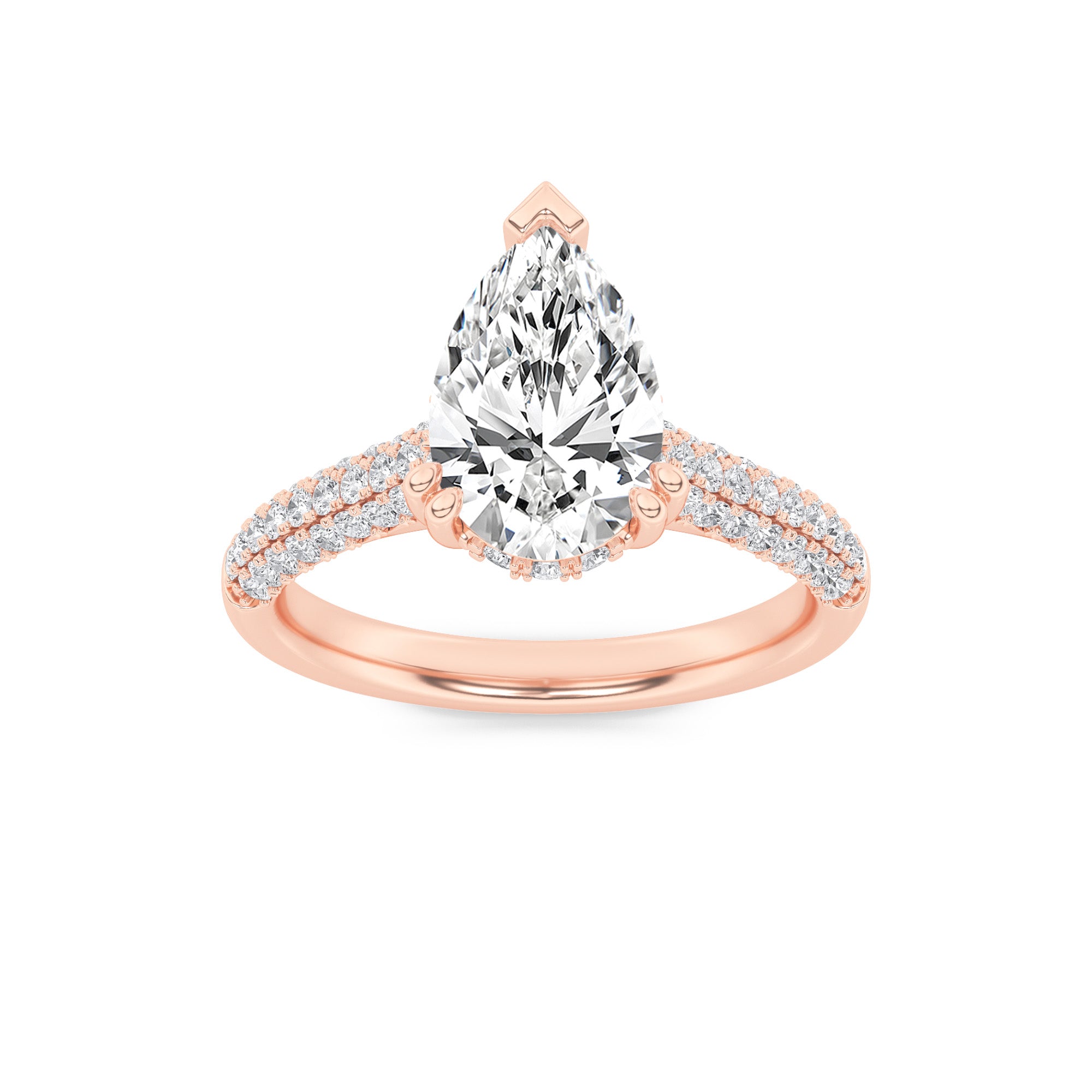 3CTW Pear Shaped Lab Grown Diamond (F/VS) Triple Row Accented Engagement Ring in 14K Gold