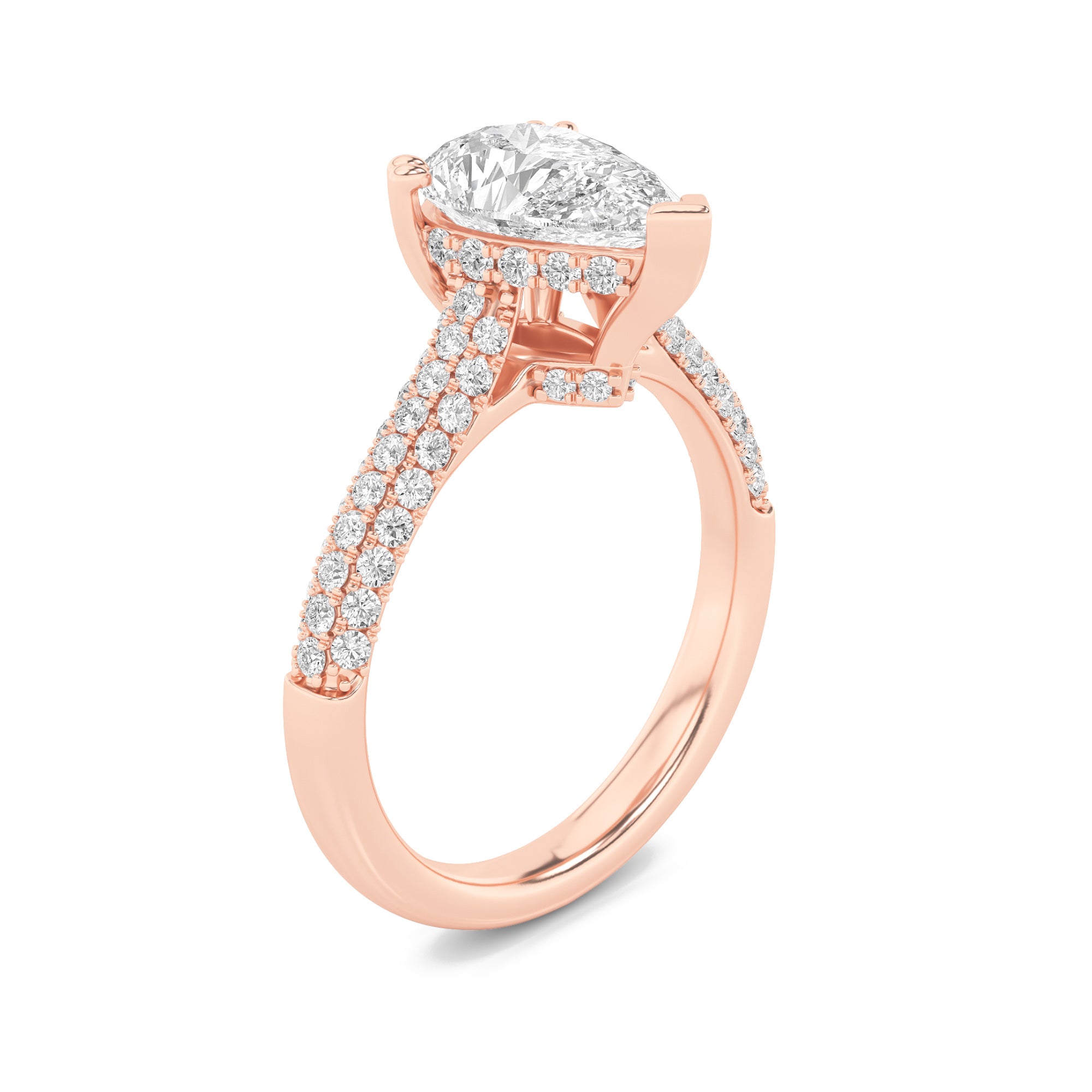 3CTW Pear Shaped Lab Grown Diamond (F/VS) Triple Row Accented Engagement Ring in 14K Gold