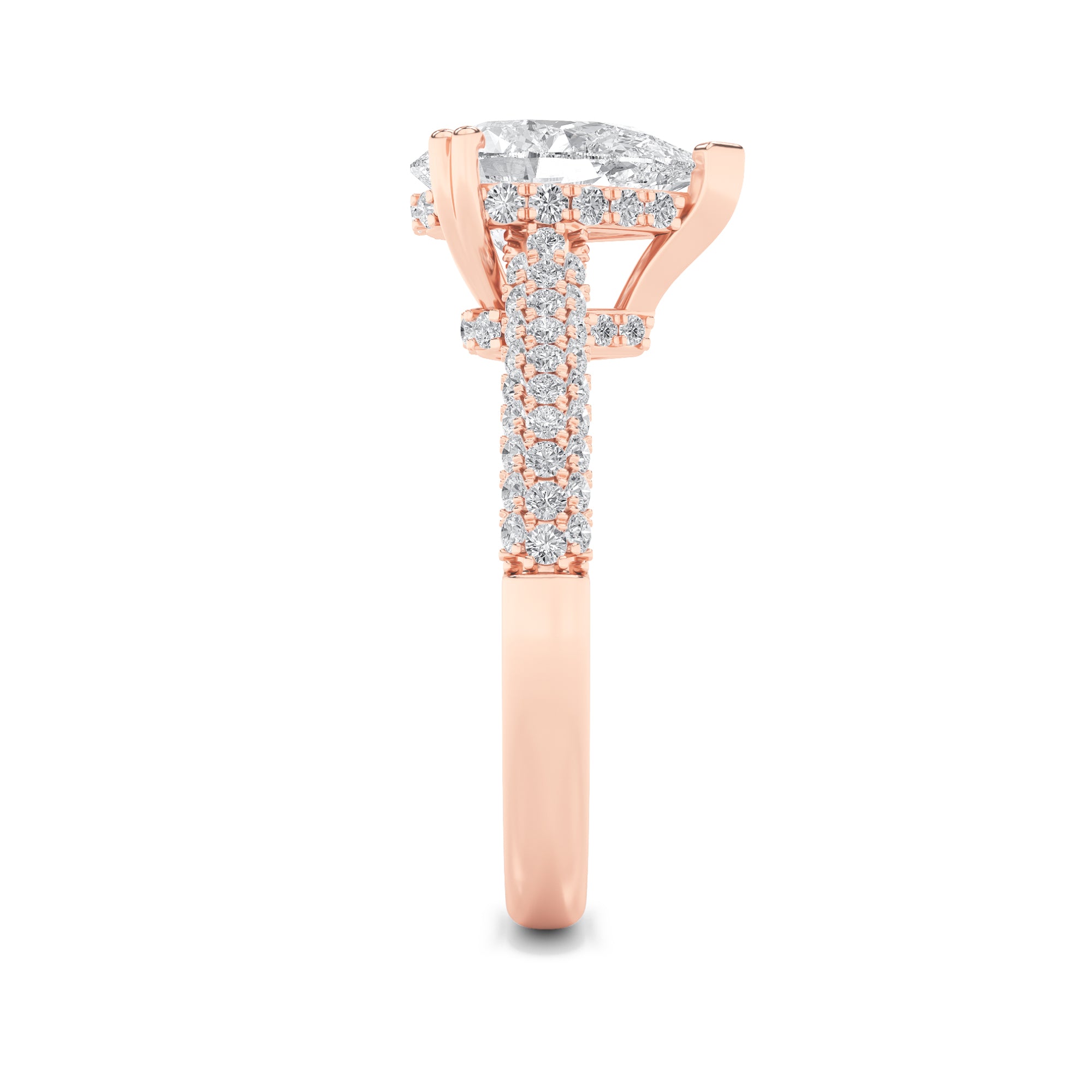 3CTW Pear Shaped Lab Grown Diamond (F/VS) Triple Row Accented Engagement Ring in 14K Gold