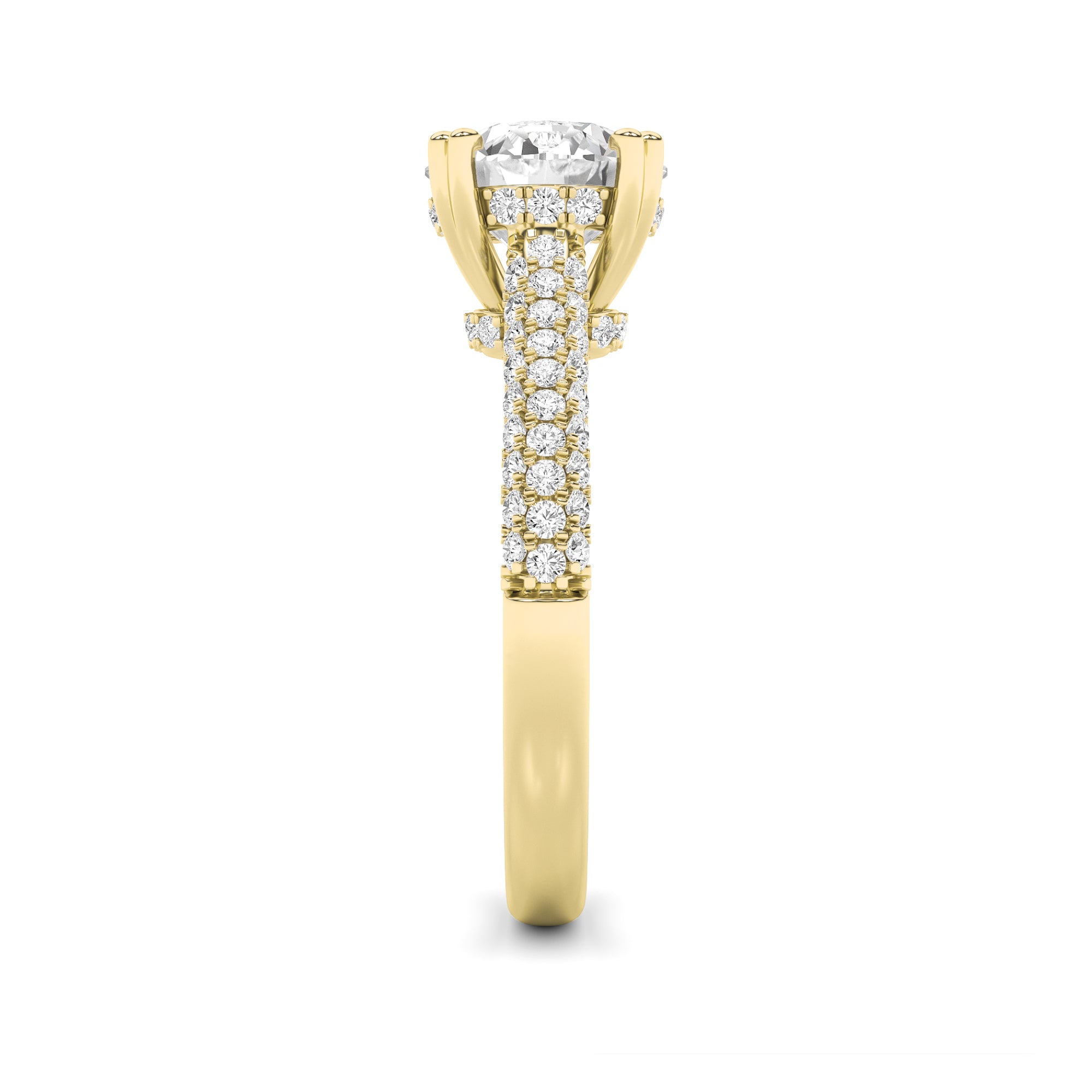 3CTW Round Shaped Lab Grown Diamond (F/VS) Triple Row Accented Engagement Ring in 14K Gold