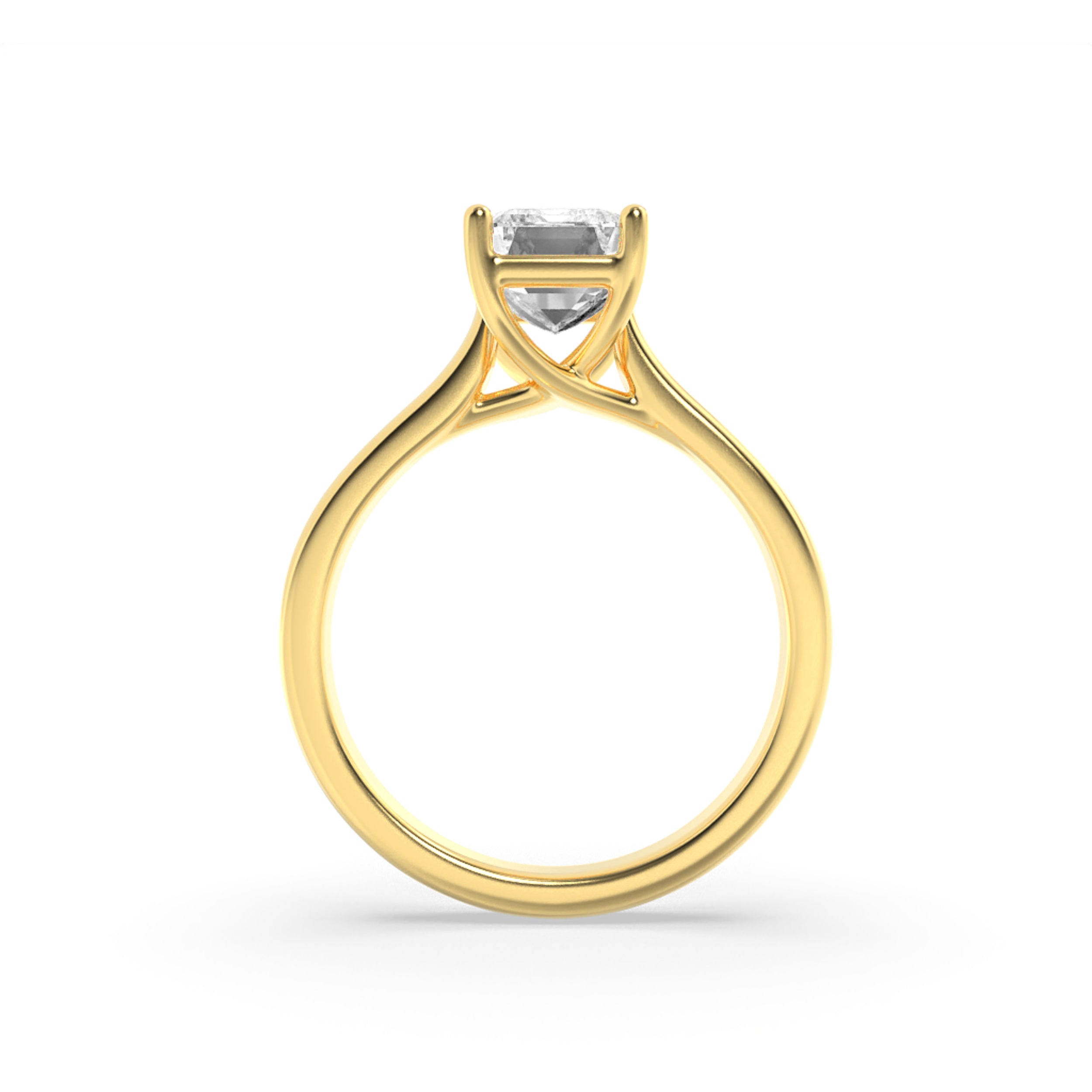 3CTW Emerald Shaped Lab Grown Diamond (F/VS) Plain Cathedral Trellis Shank Solitaire Engagement Ring in 14K Gold
