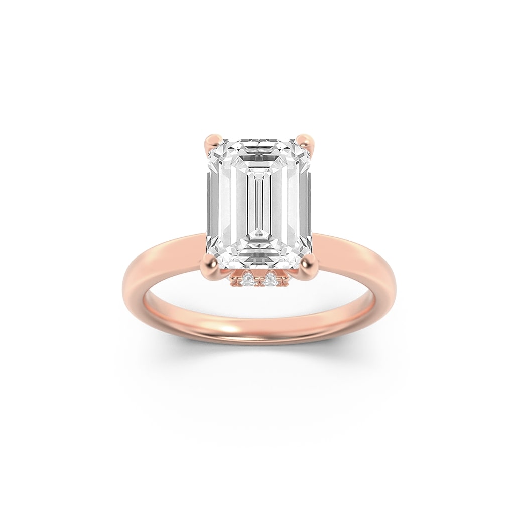 2CTW Emerald Shaped Lab Grown Diamond (F/VS) Hidden Halo Plain Shank Engagement Ring in 14K Gold
