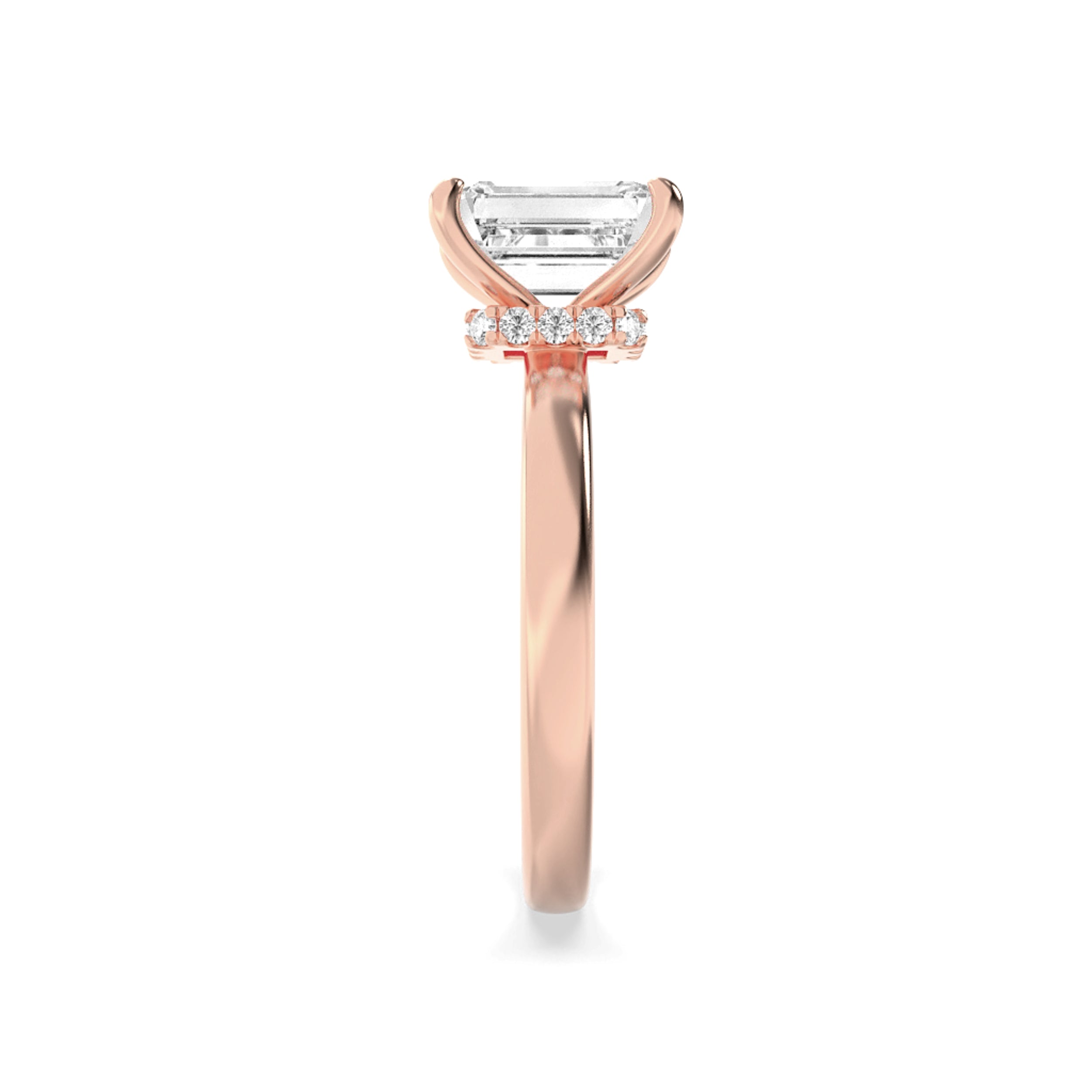 2CTW Emerald Shaped Lab Grown Diamond (F/VS) Hidden Halo Plain Shank Engagement Ring in 14K Gold