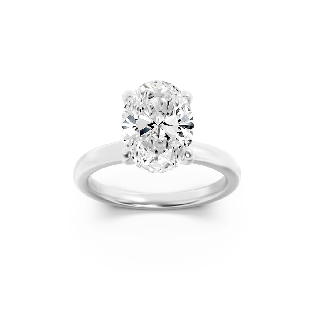 2CTW Oval Shaped Lab Grown Diamond (F/VS) Hidden Halo Plain Shank Engagement Ring in 14K Gold