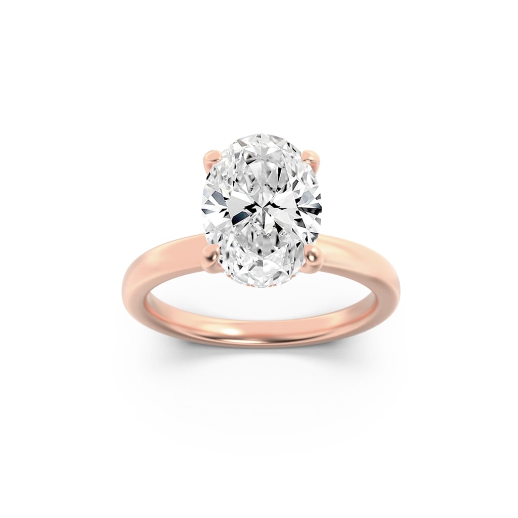 2CTW Oval Shaped Lab Grown Diamond (F/VS) Hidden Halo Plain Shank Engagement Ring in 14K Gold