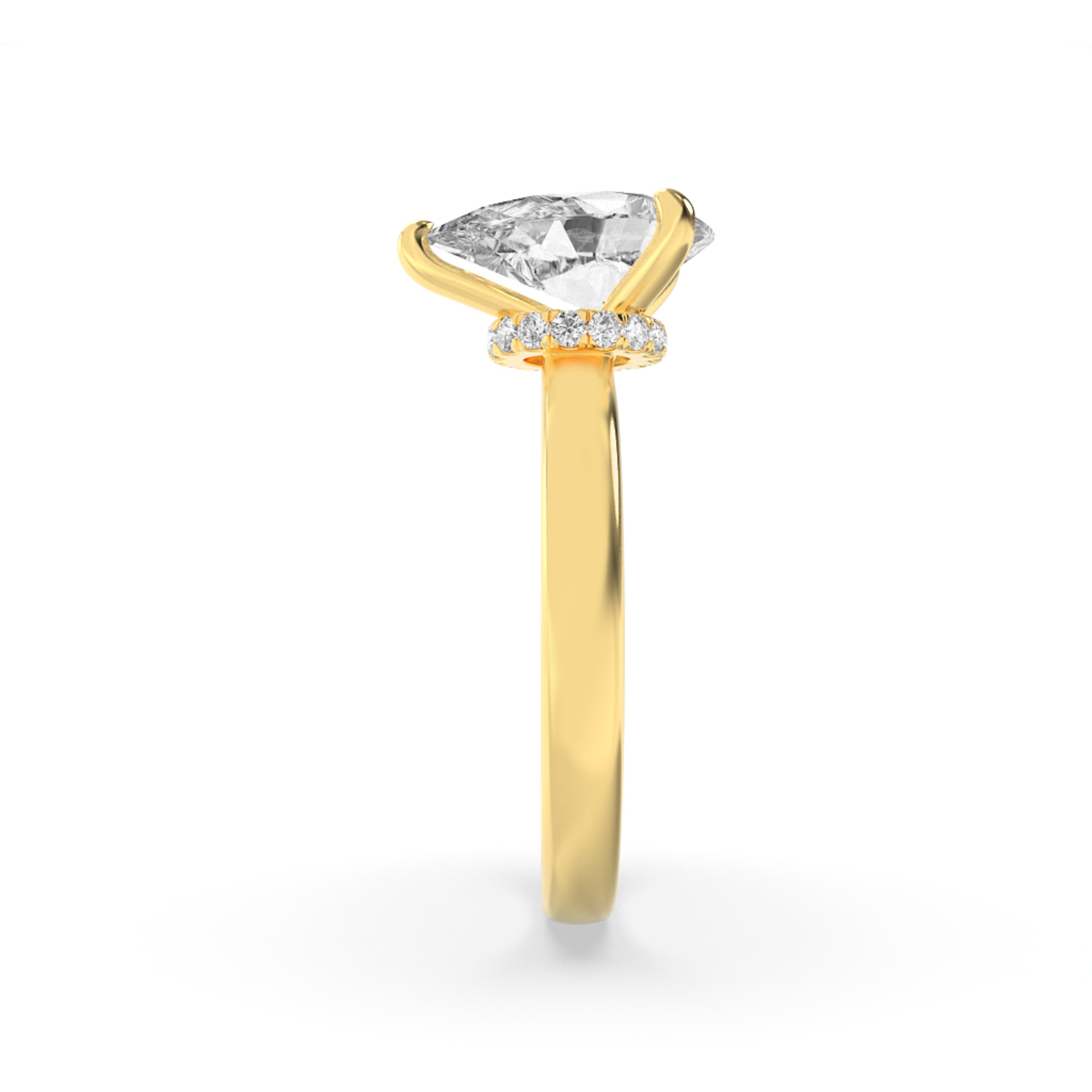 3CTW Pear Shaped Lab Grown Diamond (F/VS) Hidden Halo Plain Shank Engagement Ring in 14K Gold