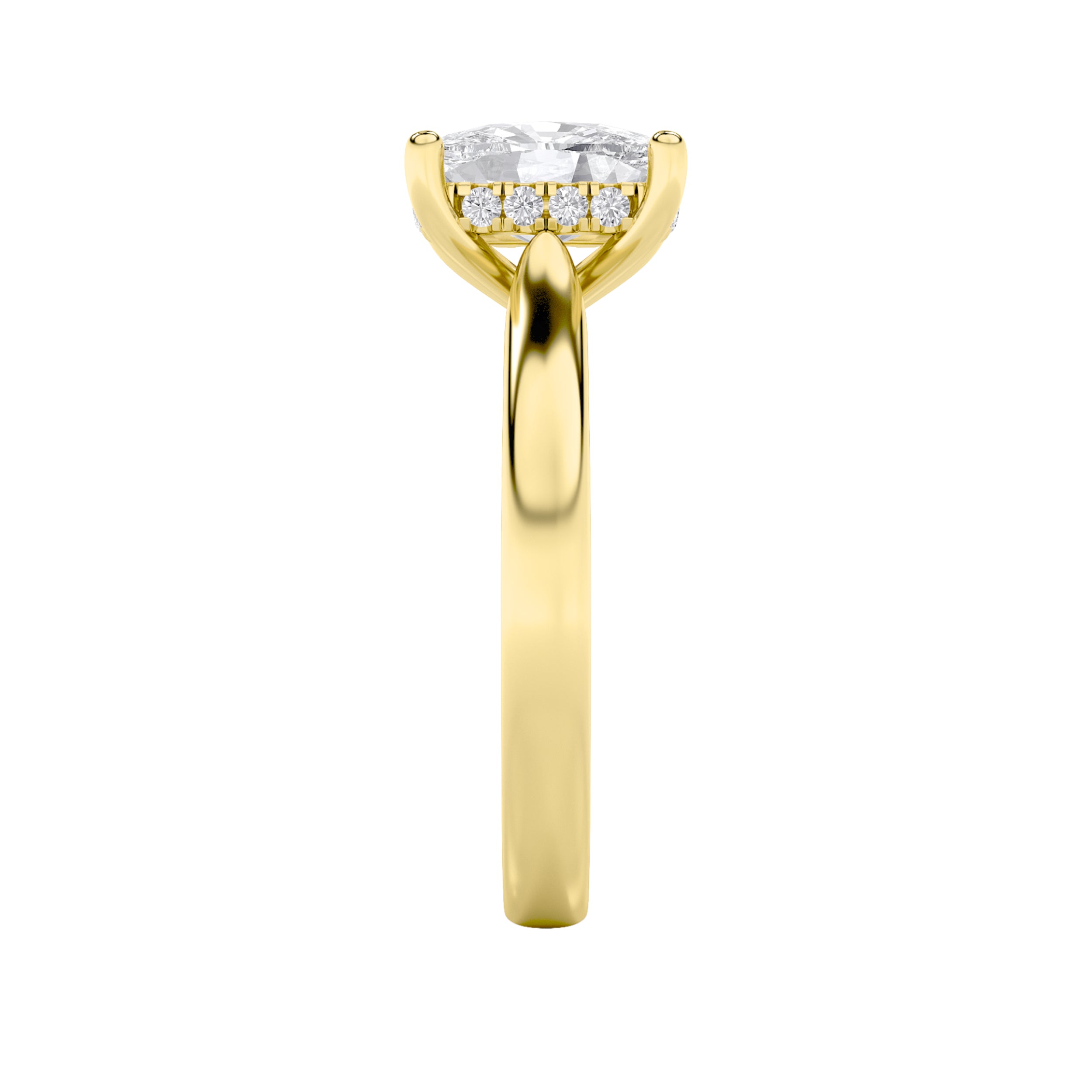 1CTW Elongated Cushion Shaped Lab Grown Diamond (F/VS) Hidden Halo Cathedral Shank Engagement Ring in 14K Gold