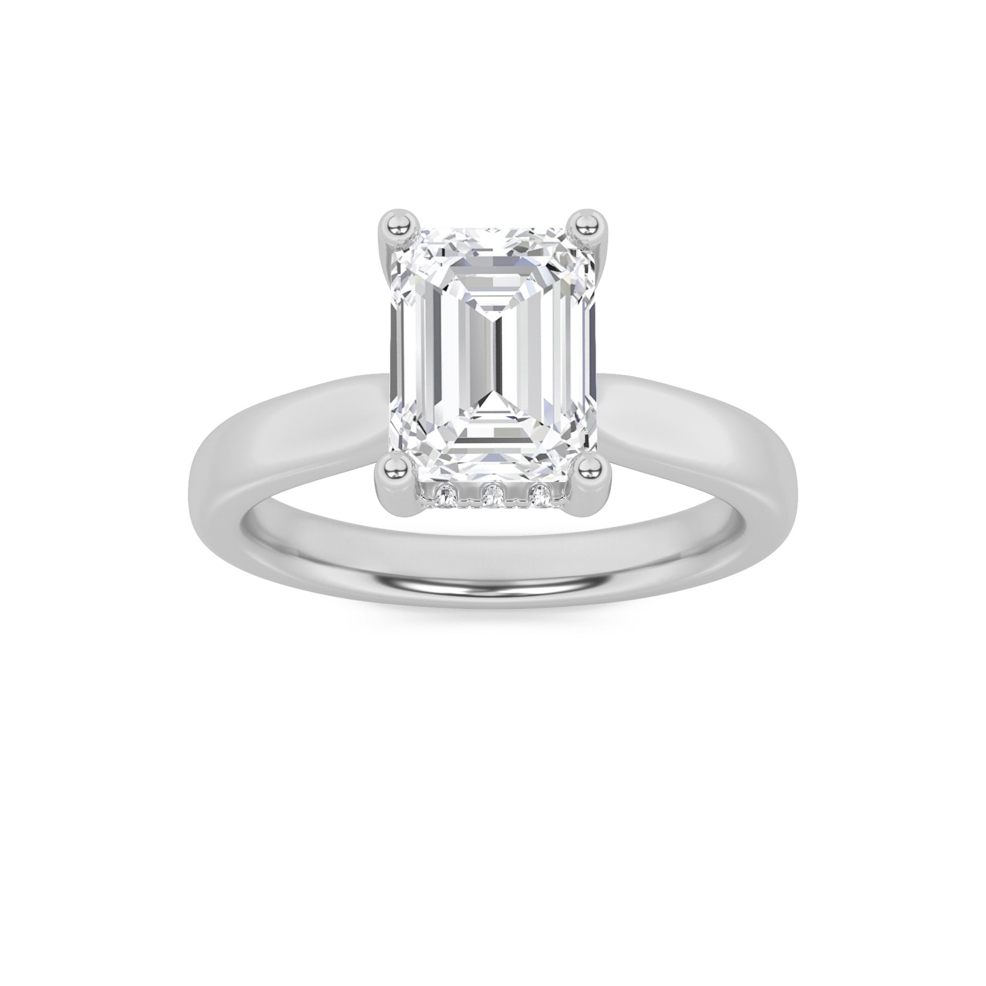 2CTW Emerald Shaped Lab Grown Diamond (F/VVS) Hidden Halo Cathedral Shank Engagement Ring in 14K Gold
