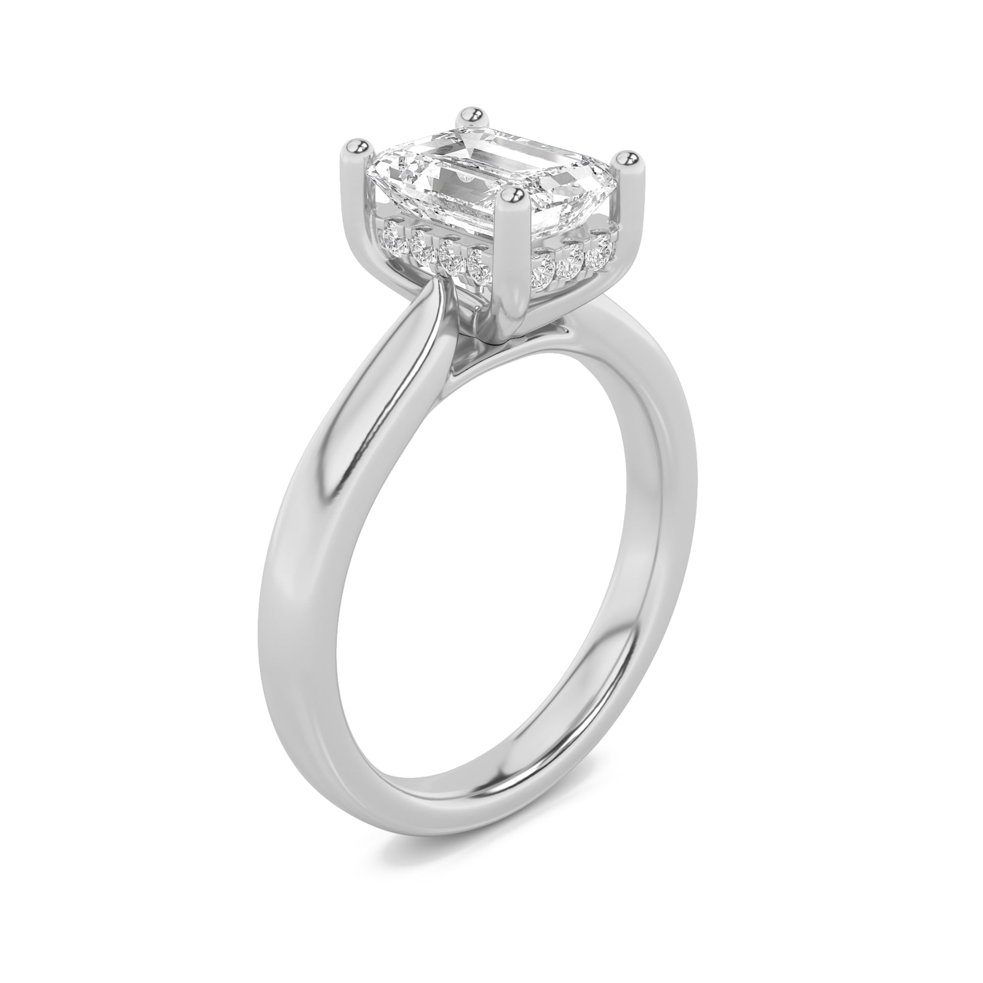 2CTW Emerald Shaped Lab Grown Diamond (F/VVS) Hidden Halo Cathedral Shank Engagement Ring in 14K Gold